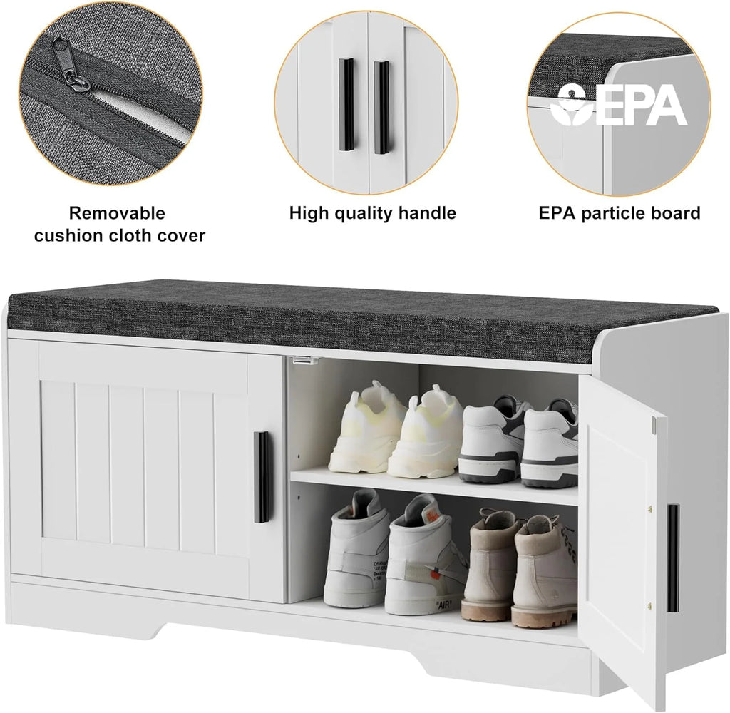 2-Tier Storage Bench, Shoe Bench with Thickened Padded Seat Cushion, Entryway Bench with 4 Doors, Adjustable Shelf, 13.8 D x 45.3 W x 18.5 H, for Entryway, Living Room, Bedroom, White