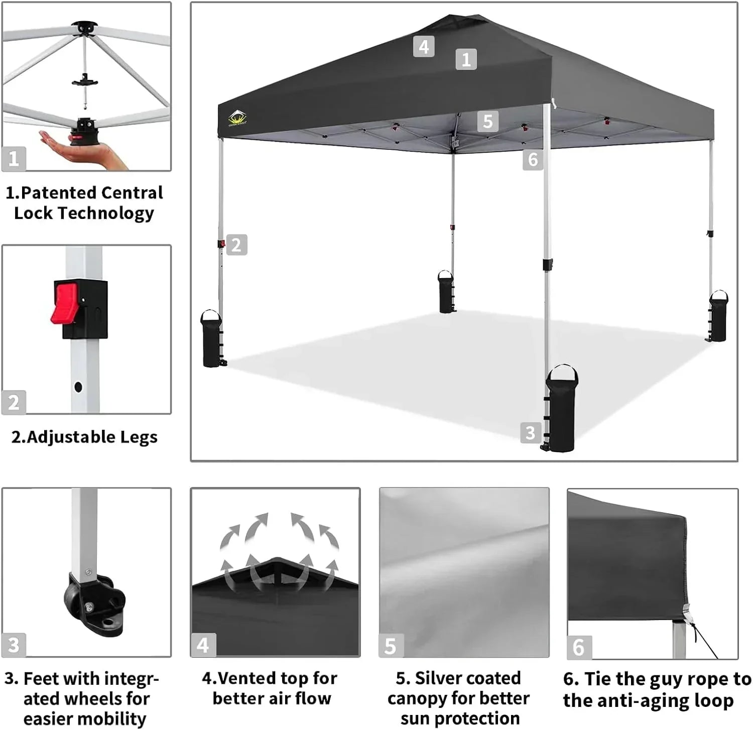 10x10 Pop-Up Awning One-Click Installation Beach Tent Outdoor Sunshade Silver Coated Top