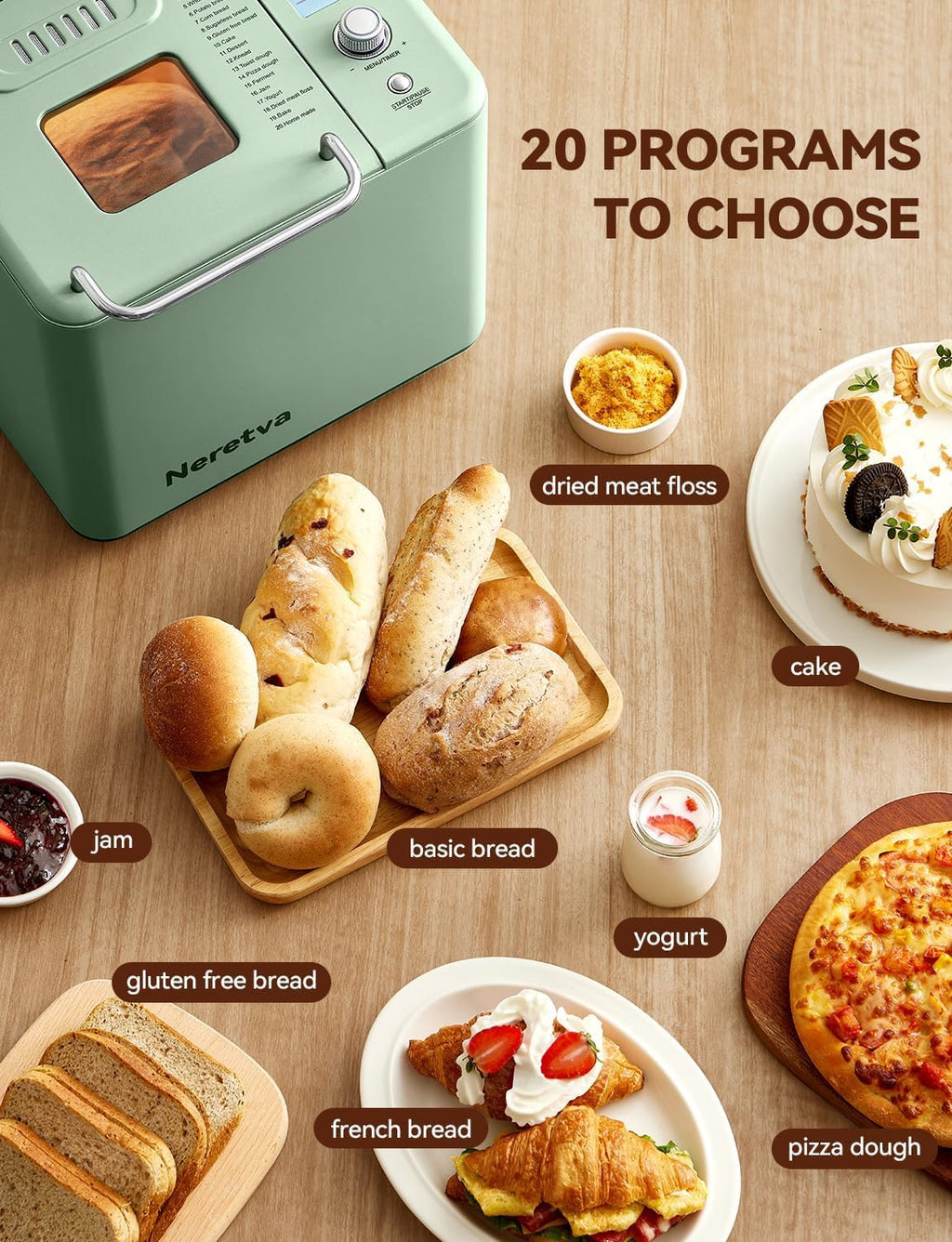 Neretva Bread Maker 20-in-1 2LB Bread Maker Dual Heater Bread Maker Automatic Ceramic Pan