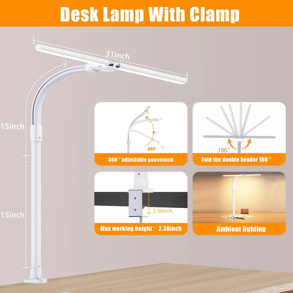 24W LED Desk Lamp with Clamp for Home Office Double Head 5 Brightness 5 Temperatures Gooseneck