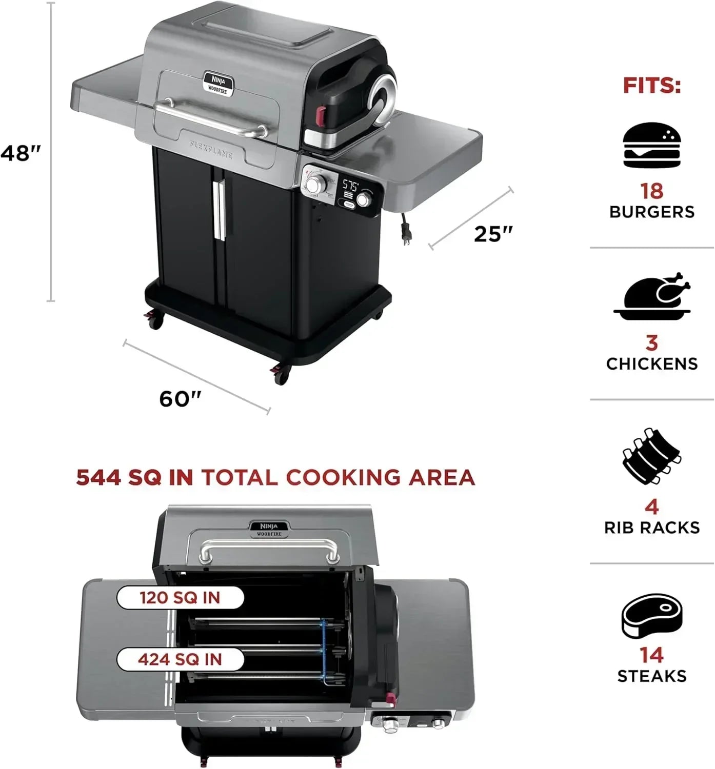 Ninja FlexFlame Grill and Smoker Electric Propane Grill Roaster BBQ Grill 5-in-1 Cooking System