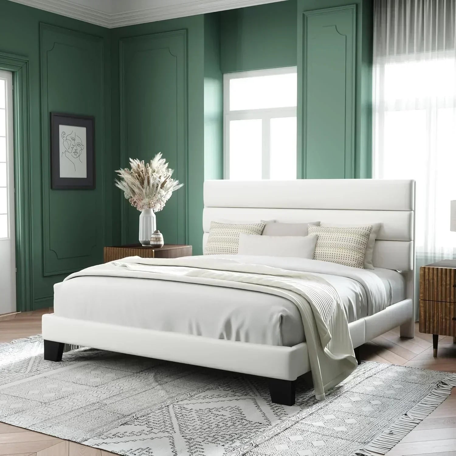 Allewie King size platform bed frame with velvet upholstered headboard and planks
