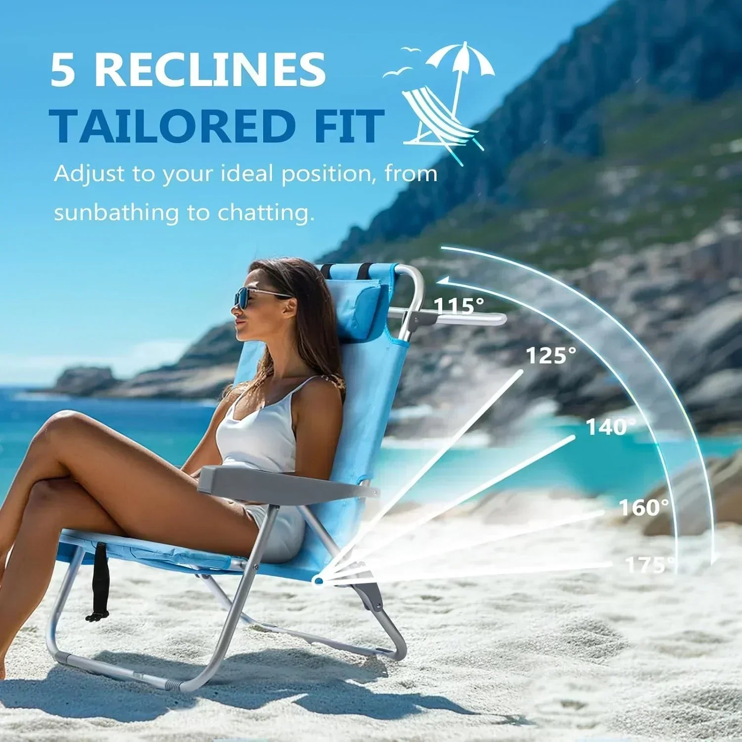 5-Position Aluminum Lay Flat Tall Backpack Beach Chairs 2 Pack Compact Portable Beach Chairs