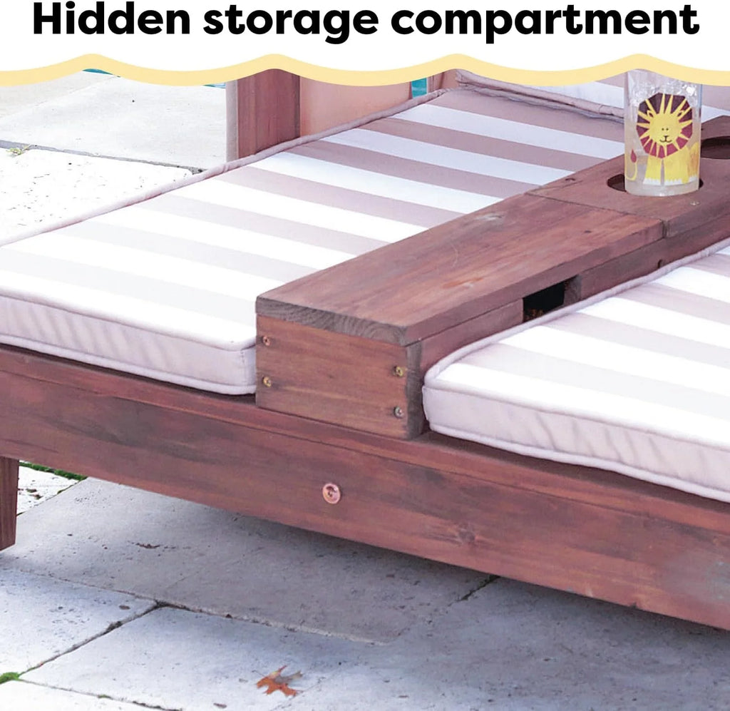 KidKraft Wooden Outdoor Double Chaise Lounge with Cup Holders, Kid's Patio Furniture, Honey with Navy and White Striped Fabric, Gift for Ages 3-8