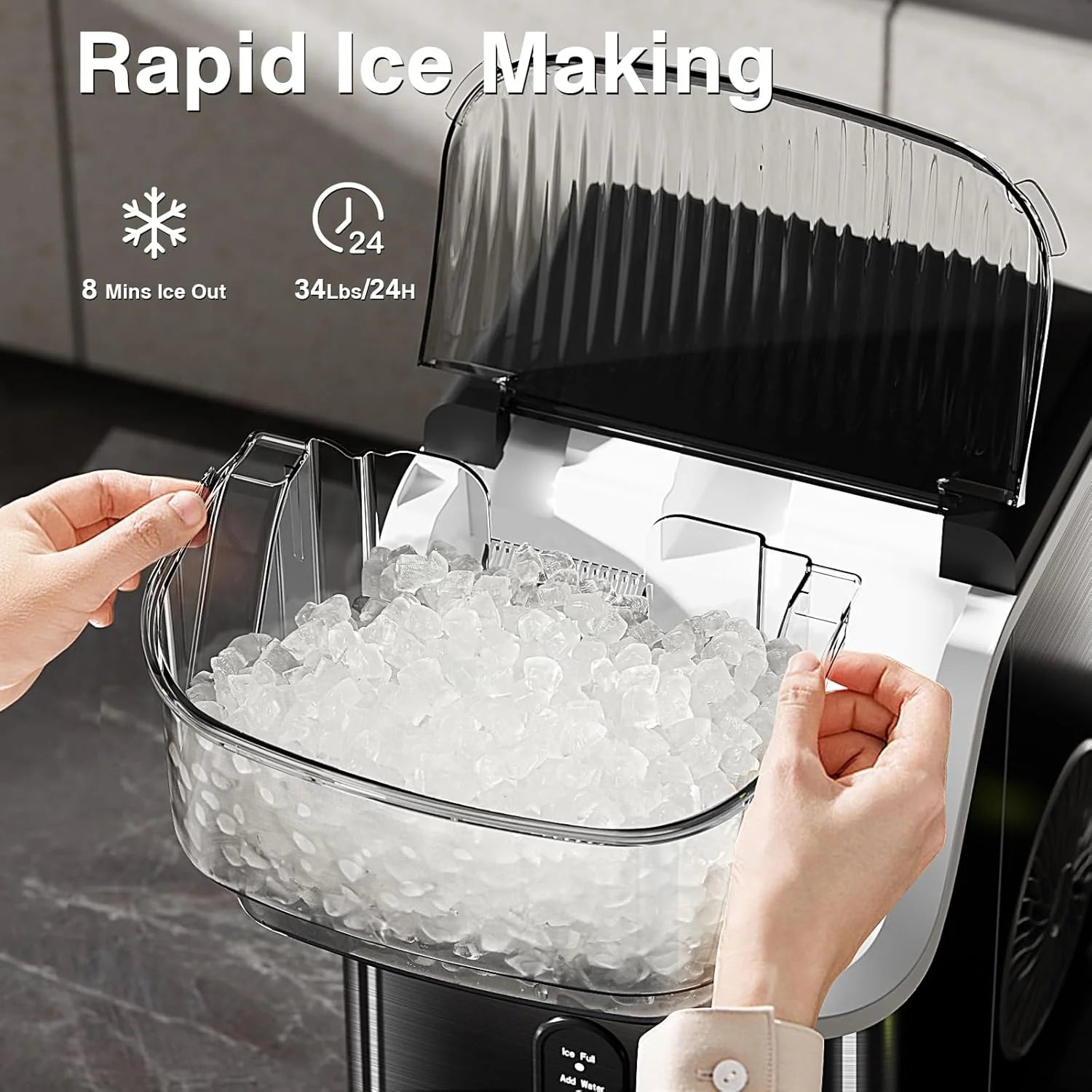 Nugget Ice Makers Countertop, Pebble Ice Machine with Chewable Pellet Ice, 34Lbs/24H, Self-Cleaning, Sonic Ice, One-Click Operation, for Kitchen,Office Stainless Steel Silver