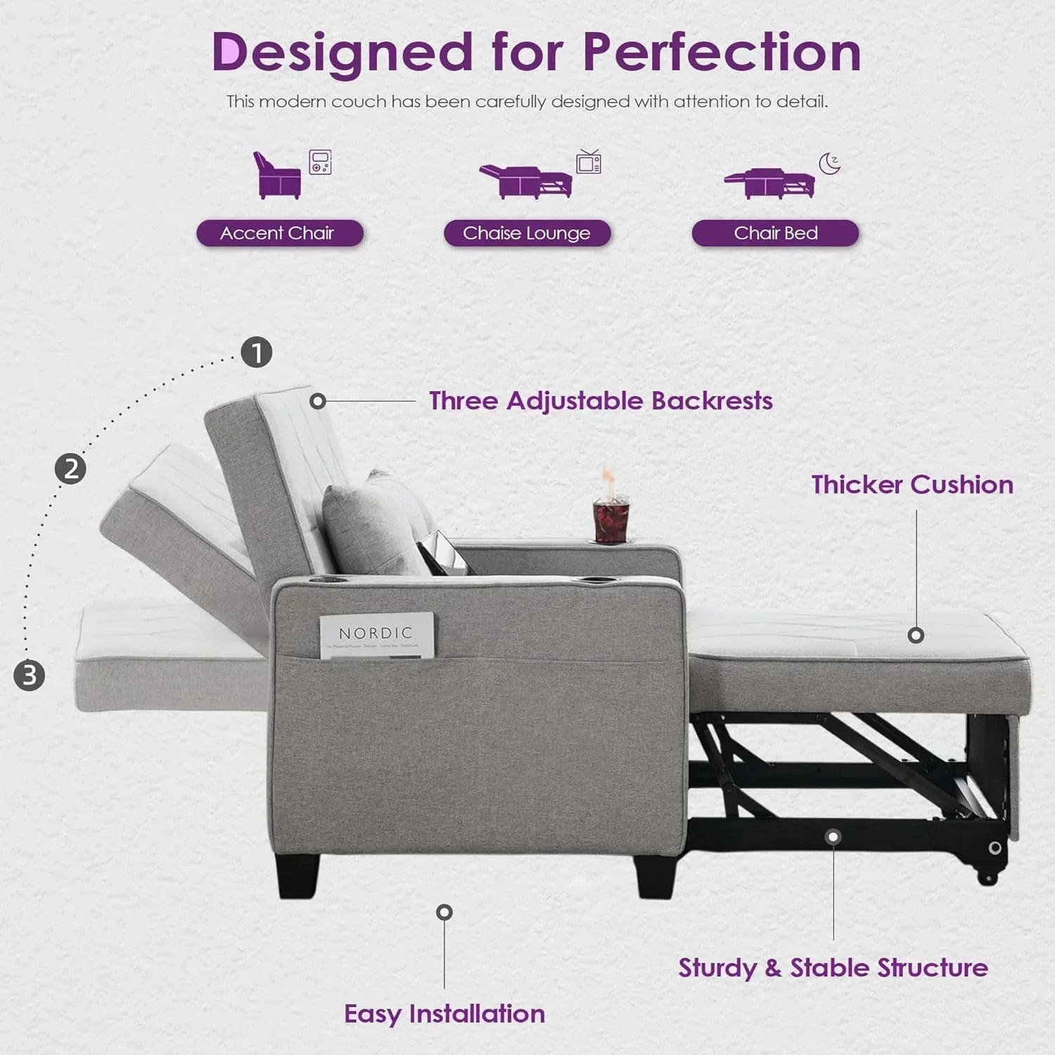 Adult Convertible Sleeper Chair Bed 3-in-1 Pull-Out Sofa Bed with USB/Type-C Ports Cup Holders