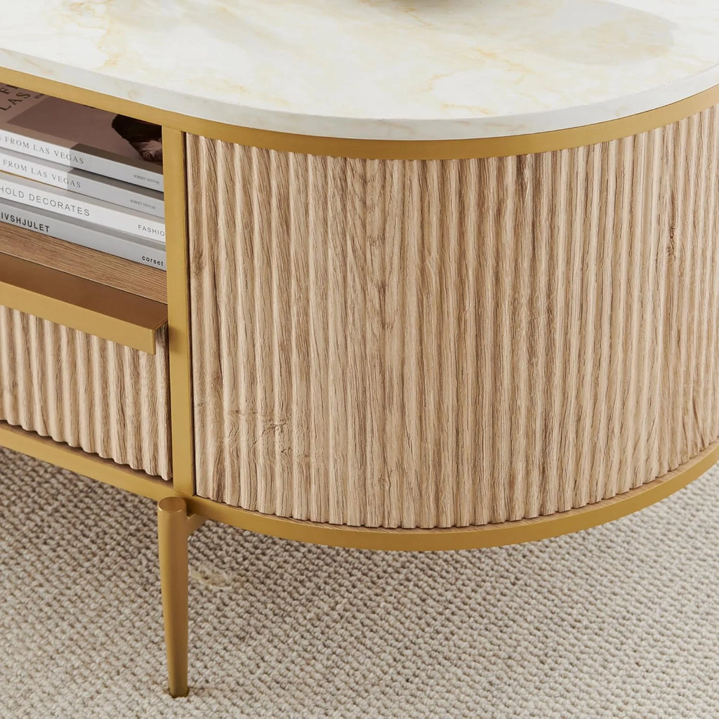 OKD Modern Luxury Grooved Coffee Table, 48 Inch Oval Coffee Table with Drawers, Imitation Marble Top, Curved Contour Design, Gold Metal Trim, Living Room Center Table