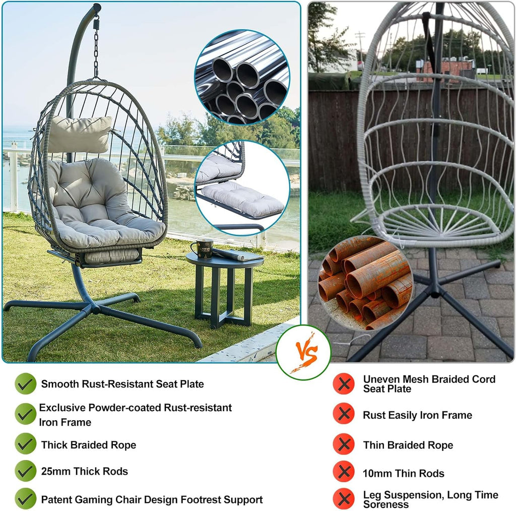 Hanging Egg Chair with Stand and Leg Rest Rattan Wicker Swing Hammock Chair UV-Resistant Cushion