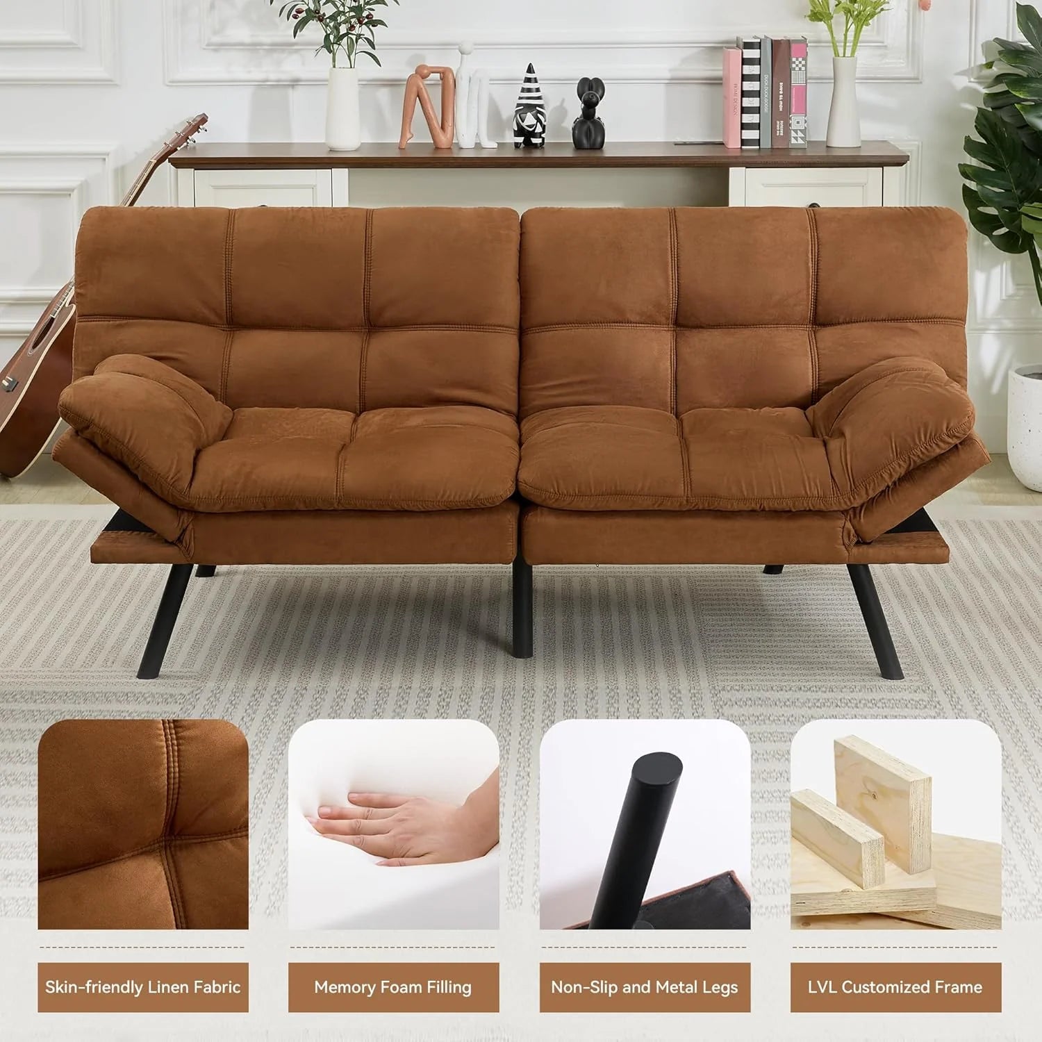 Amazon Basics Brown Loveseat,Convertible Couch Memory Foam Futon Sofa Bed Modern Sleeper Sofa for Small Compact Living Room,Office,Apartment, Linen Fabric