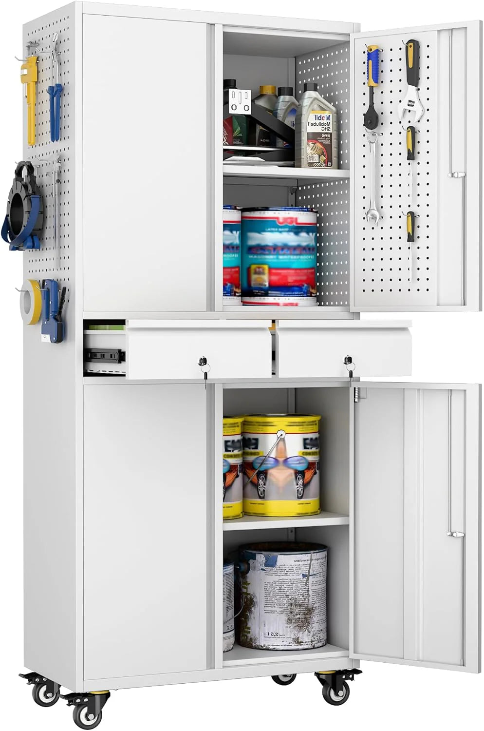 Metal Storage Cabinet with Pegboard 71'' x 34'' x 18'',Lockable Steel Storage Cabinet with 5 Adjustable Shelves and Door for Garage, Office, Kitchen, Assembly Required(Black)
