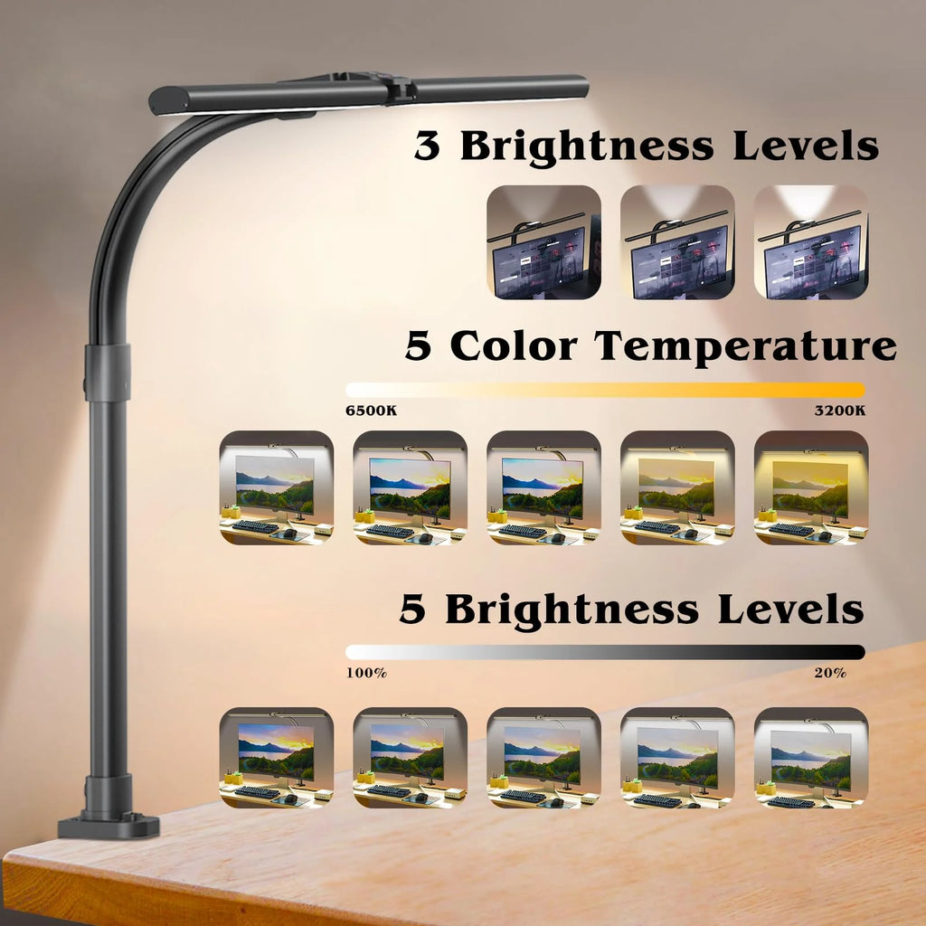 24W LED Desk Lamp with Clamp for Home Office Double Head 5 Brightness 5 Temperatures Gooseneck