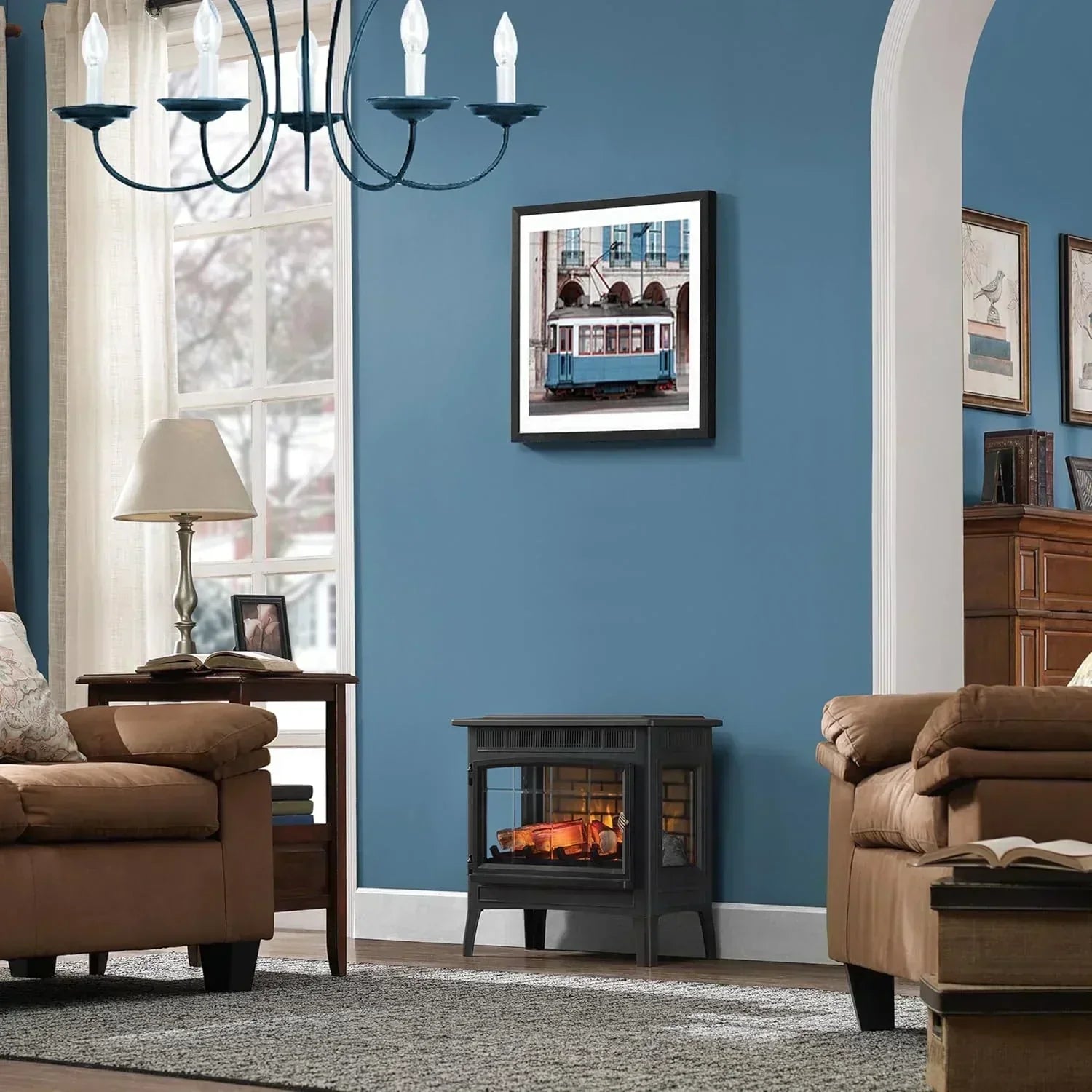 Freestanding Electric Fireplace Stove Heater with 3D Flame Effect for 1000 Sq. Ft