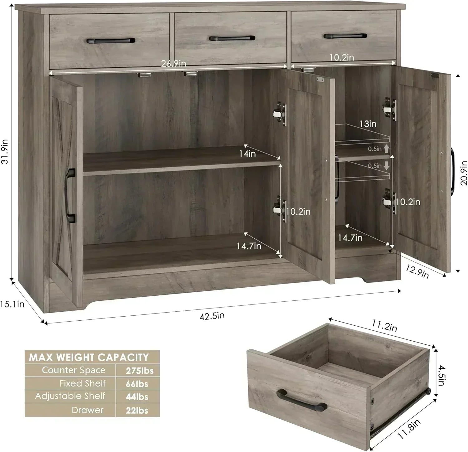 Modern farmhouse sideboard barn door buffet storage cabinet with drawers and shelves