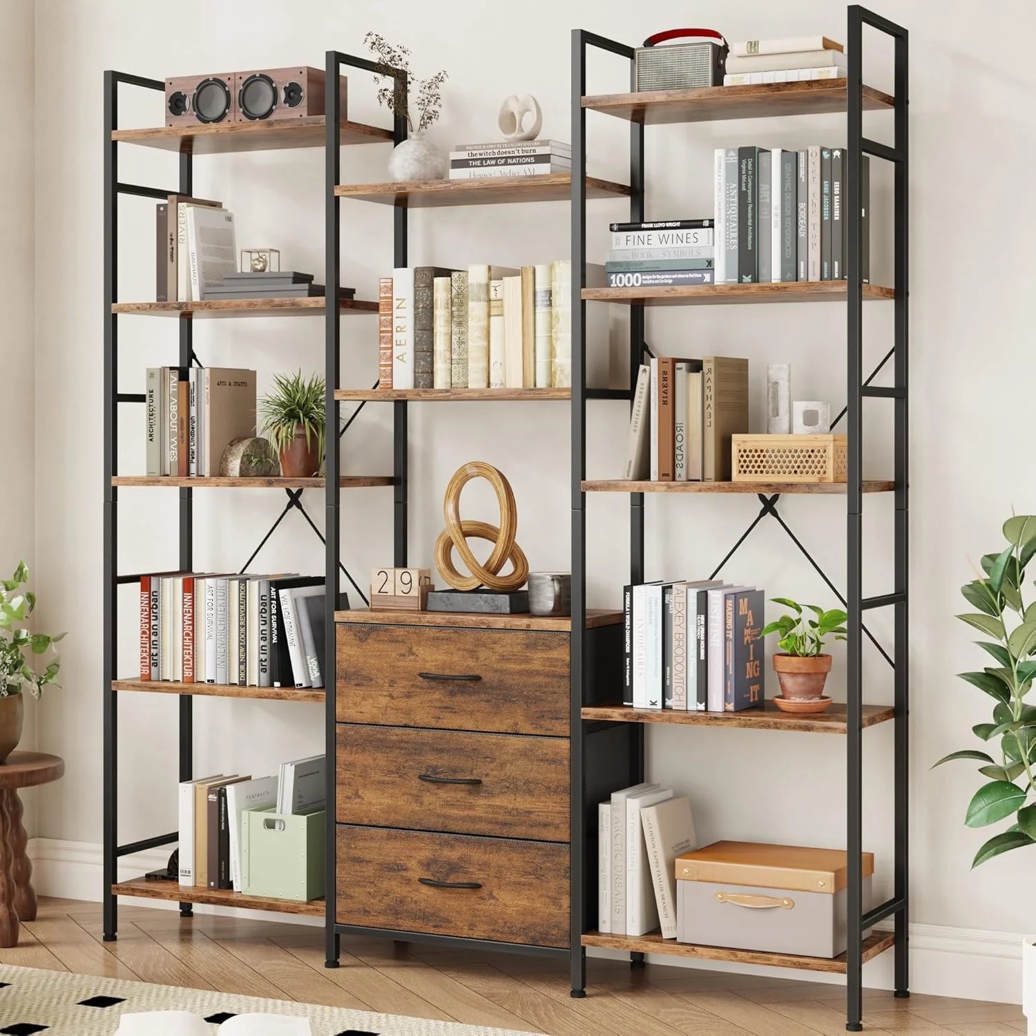 AFLUI Triple Bookshelf 3 Fabric Drawers 4-Tier Book Shelf 10 Display Shelves Industrial Bookcase