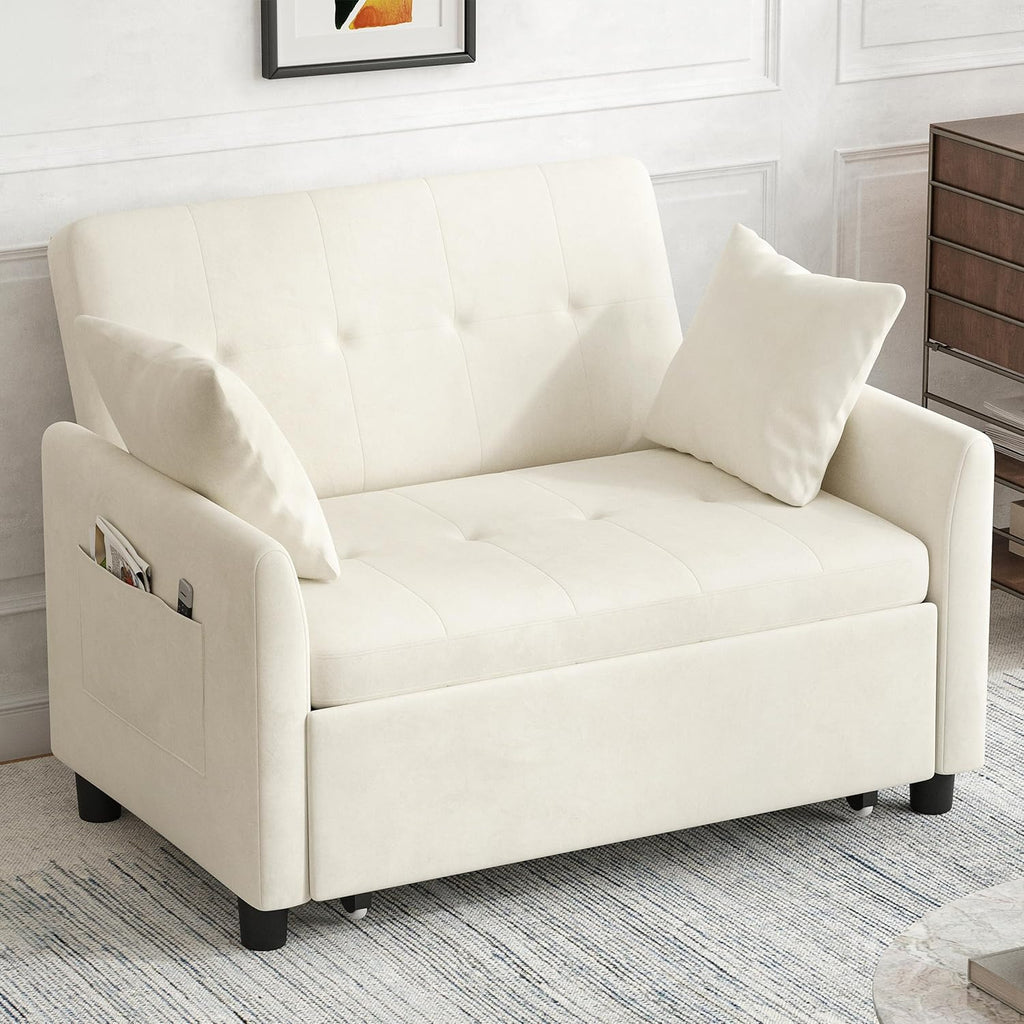 Sleeper Sofa Bed, 3 in 1 Convertible Sleeper Couch Bed Pull Out, Small Loveseat Sofa, Futon Sofa Bed Full Size, 46 Velvet Love Seat