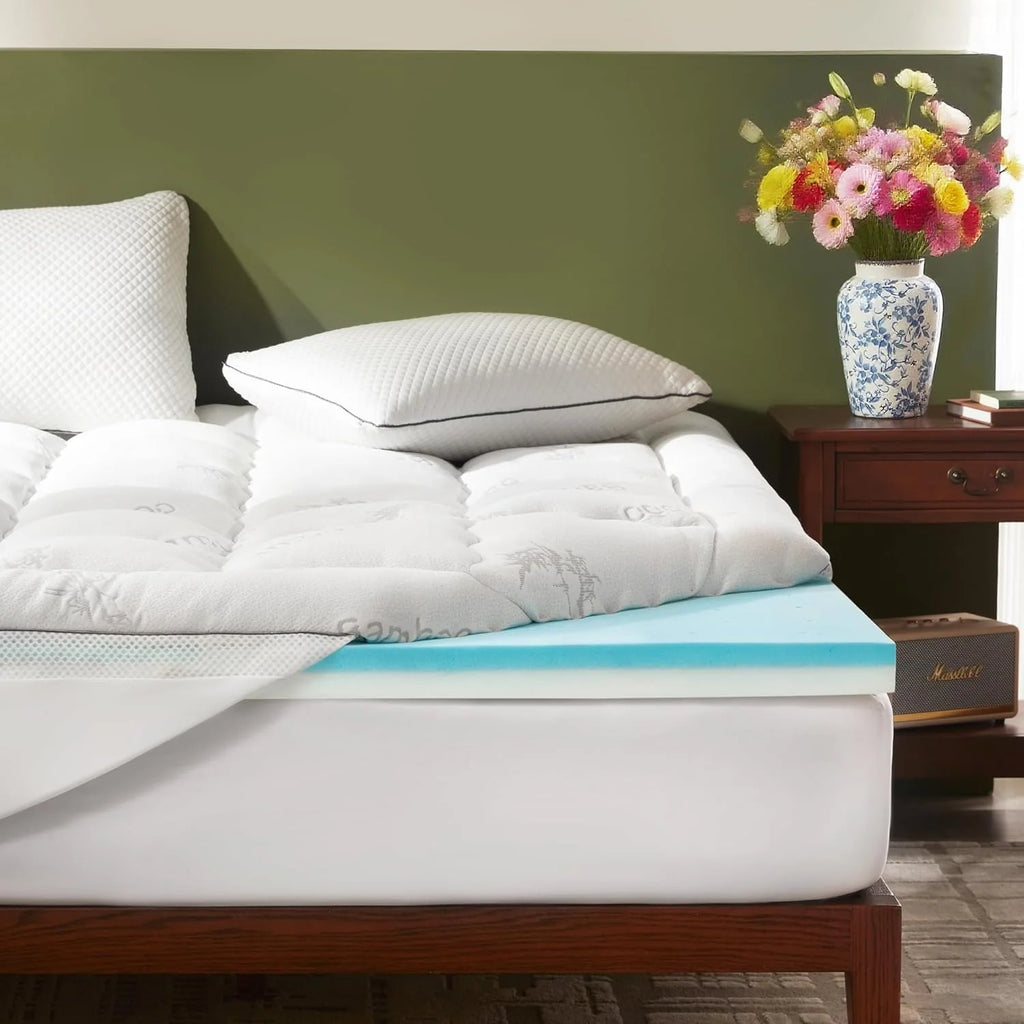 BEDLORE 4 Inch Memory Foam Mattress Topper King,2-in-1 Dual Layer Design (2 Gel Memory Foam + 2 Plush Pillow Top Cover) Mattress Topper Medium-Firm,Pressure Relief & Back Pain Support(Dark Gray)