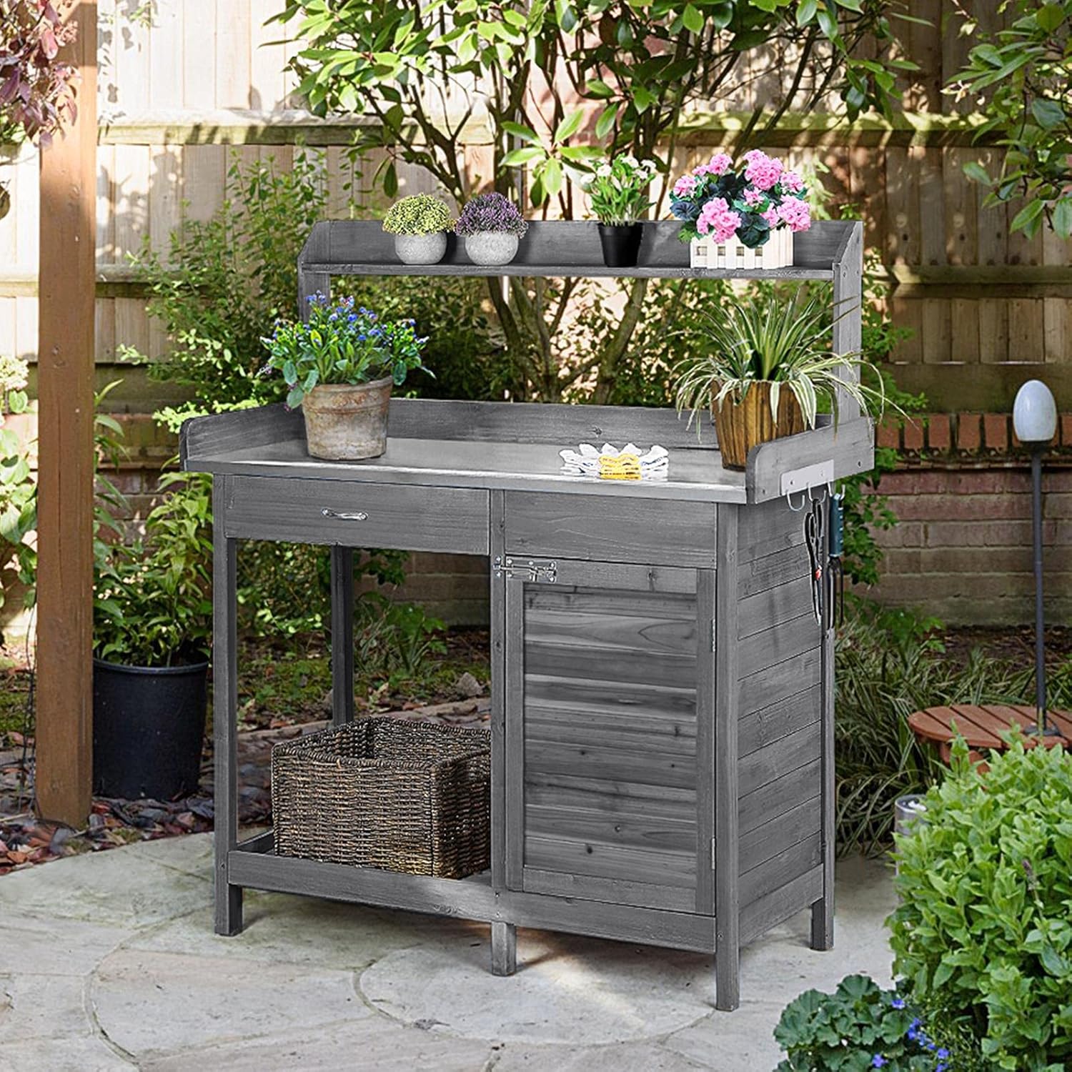 Yaheetech Outdoor Garden Potting Bench Table Work Bench Metal Tabletop Cabinet Drawer