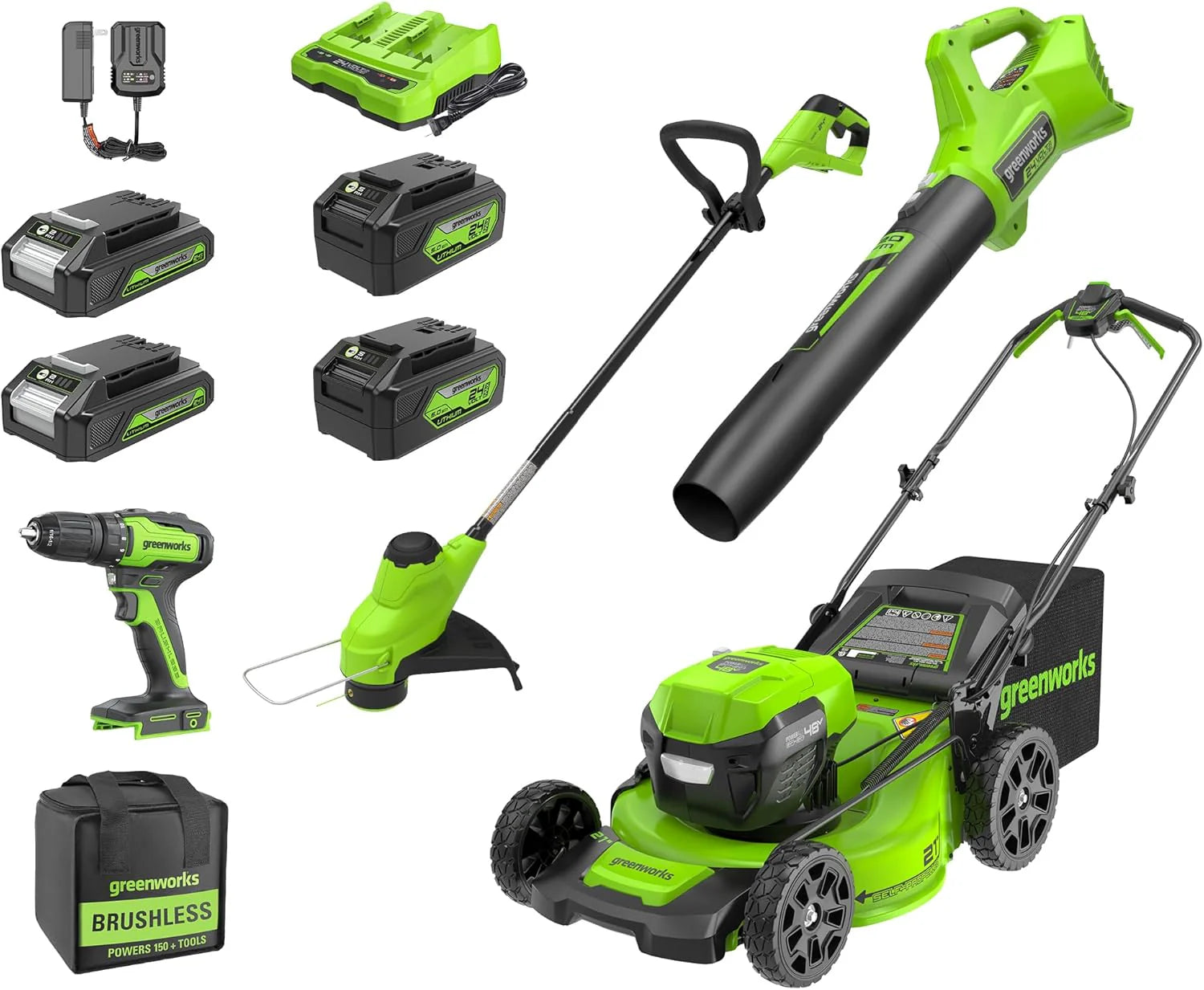 Greenworks 48V (24V x 2) 21 Brushless Self-Propelled Mower+12 String Trimmer+320CFM