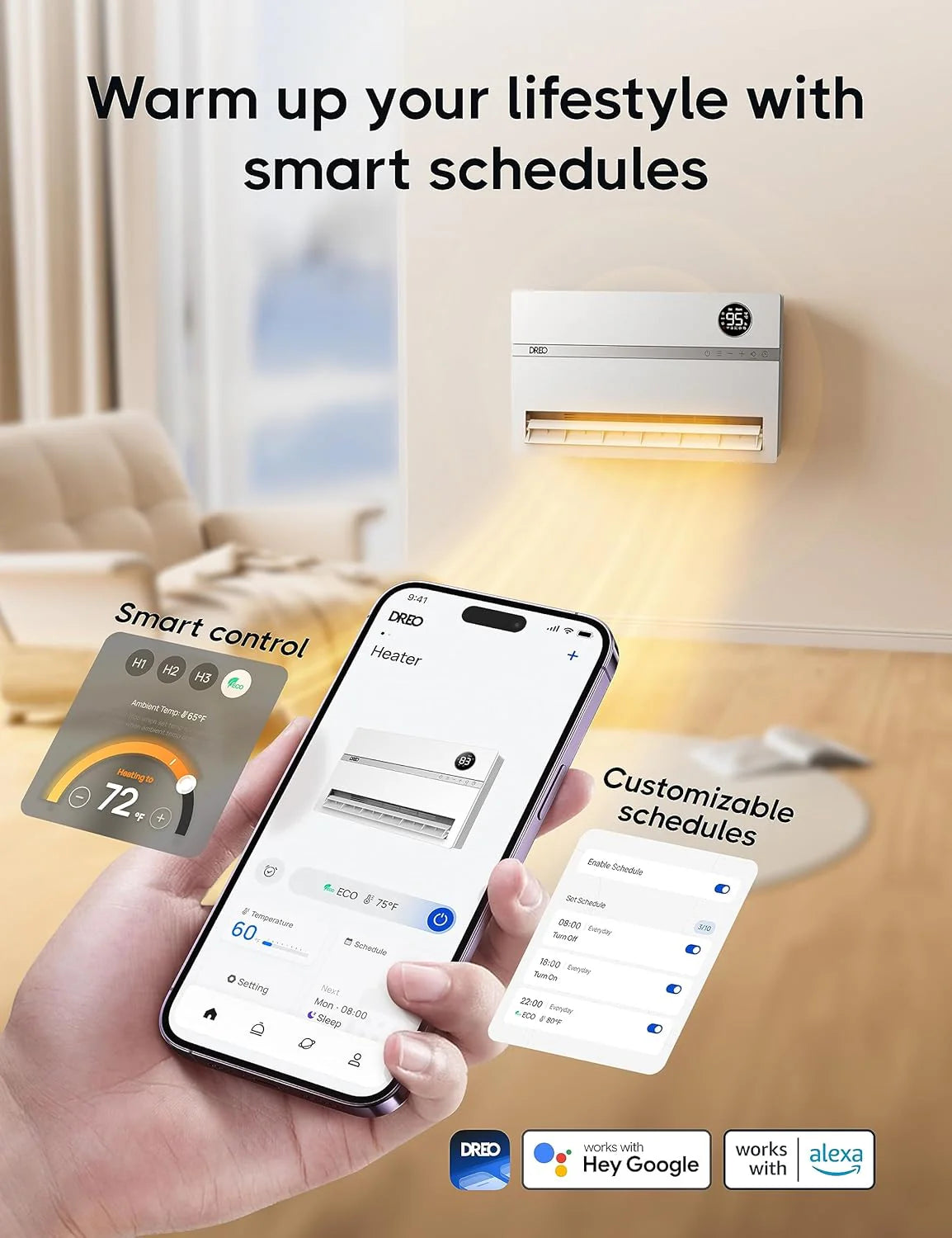 Dreo Smart Wall Heater, Electric Space Heater for Bedroom 1500W, 120�� Vertical Oscillation, Adjustable Thermostat, Remote Control, 24H Timer, Easy-Mount Heater for Indoor Use, Works with Alexa, WH719S