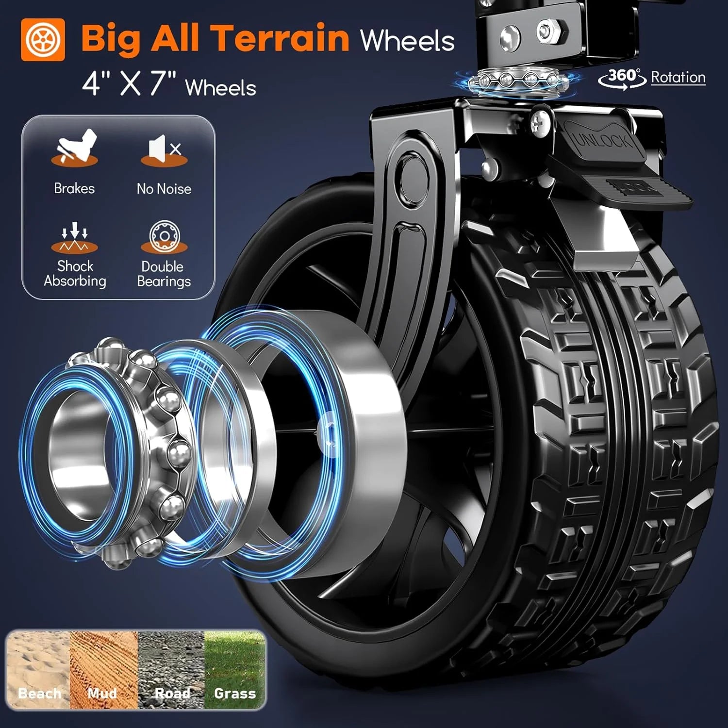 38 long foldable four-wheel stroller, foldable, 460 lb capacity, 220 liter heavy-duty folding beach stroller with large all-terrain tires