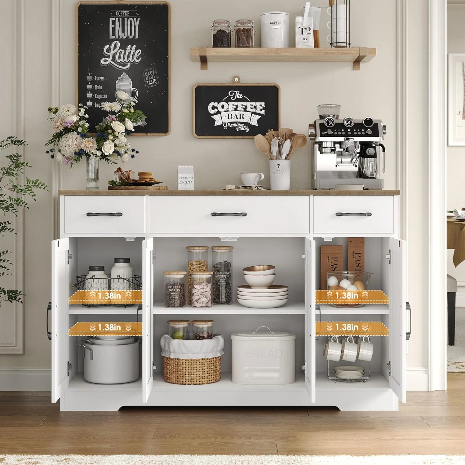 HOSTACK Buffet Cabinet with Drawers, 55 Large Sideboard Buffet Storage Cabinet with Shelves and Doors, Modern Farmhouse Coffee Bar Station Wood Kitchen Table for Kitchen, Dining Room, White/Rustic