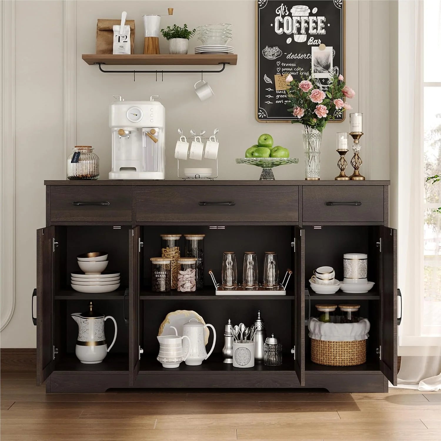 HOSTACK Buffet Cabinet with Drawers, 55 Large Sideboard Buffet Storage Cabinet with Shelves and Doors, Modern Farmhouse Coffee Bar Station Wood Kitchen Table for Kitchen, Dining Room, White/Rustic