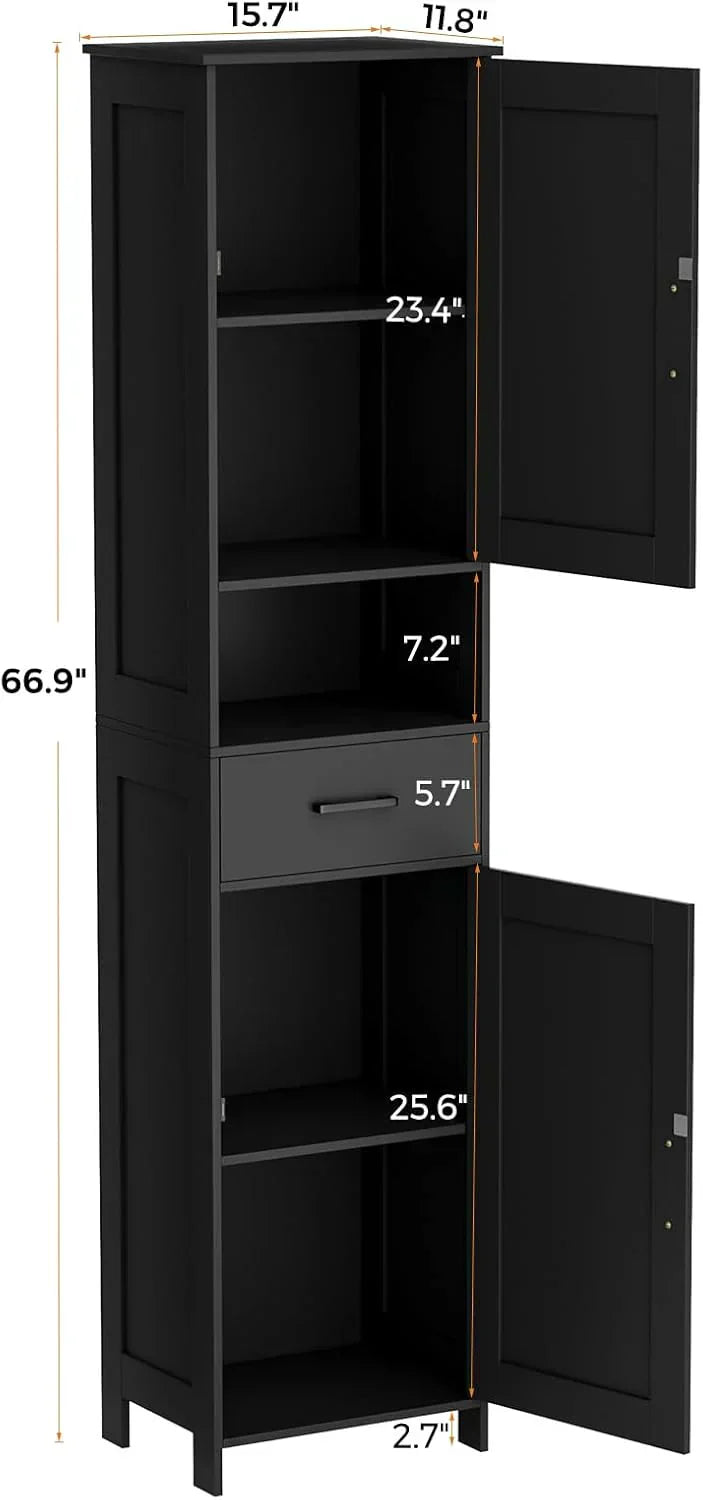 Homhedy 67 H Tall Bathroom Storage Cabinet with 2 Barn Doors and 1 Drawer Narrow Storage Unit