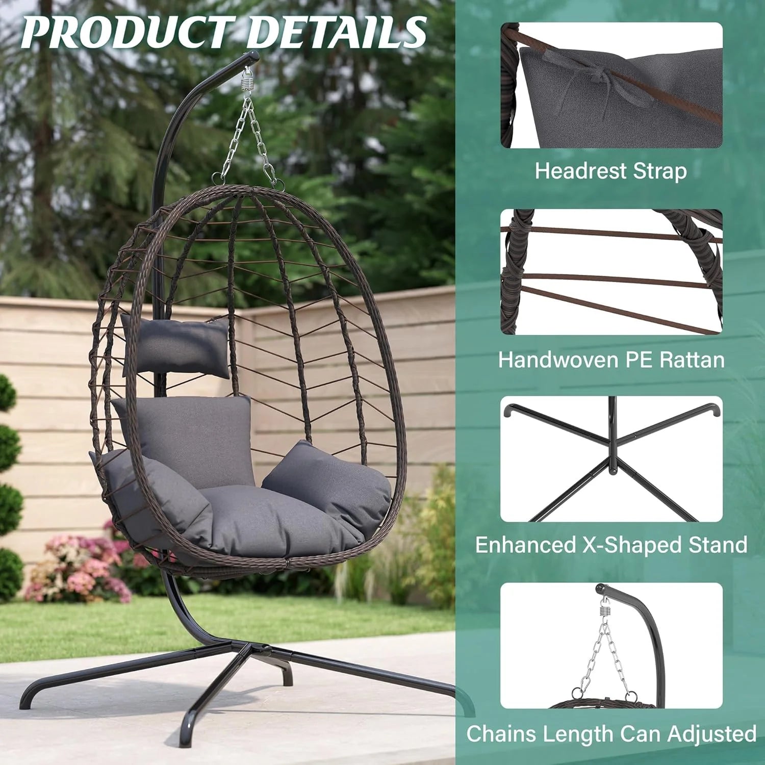 Hanging Egg Chair with Stand Swinging Egg Chair Outdoor Hanging Basket Chair with Cushion