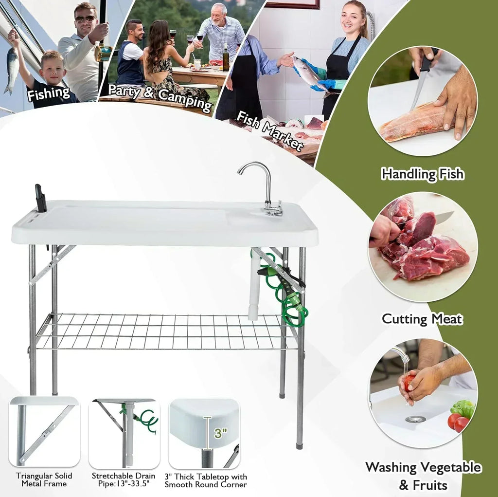 Folding Fish Cleaning Table Portable Camping Sink Table Outdoor Fish Fillet Cleaning Station