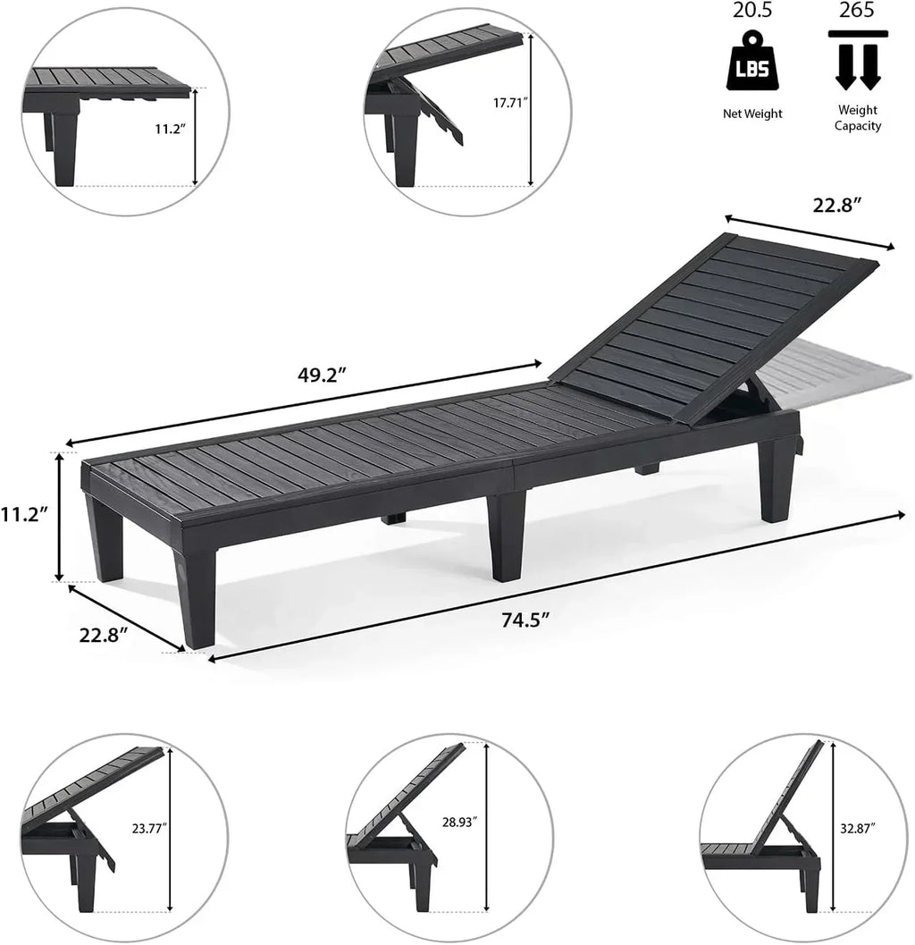 Patio Chairs Black Chaise Lounge Chair Outdoor 5-Position Adjustable Sun Tanning Chair