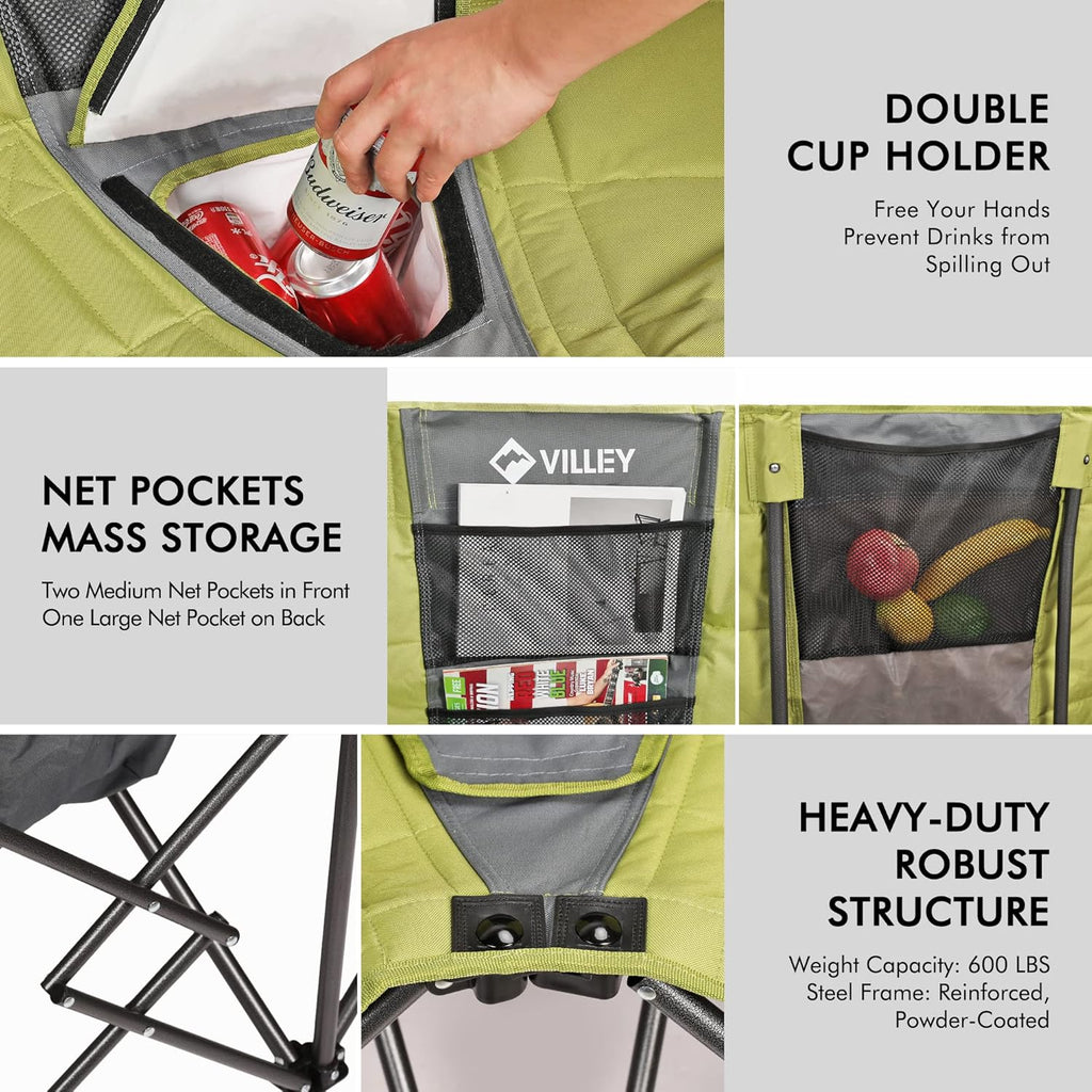 Double camping chair (with cooler bag), extra wide love seat, heavy duty padded camping sofa, portable folding chair