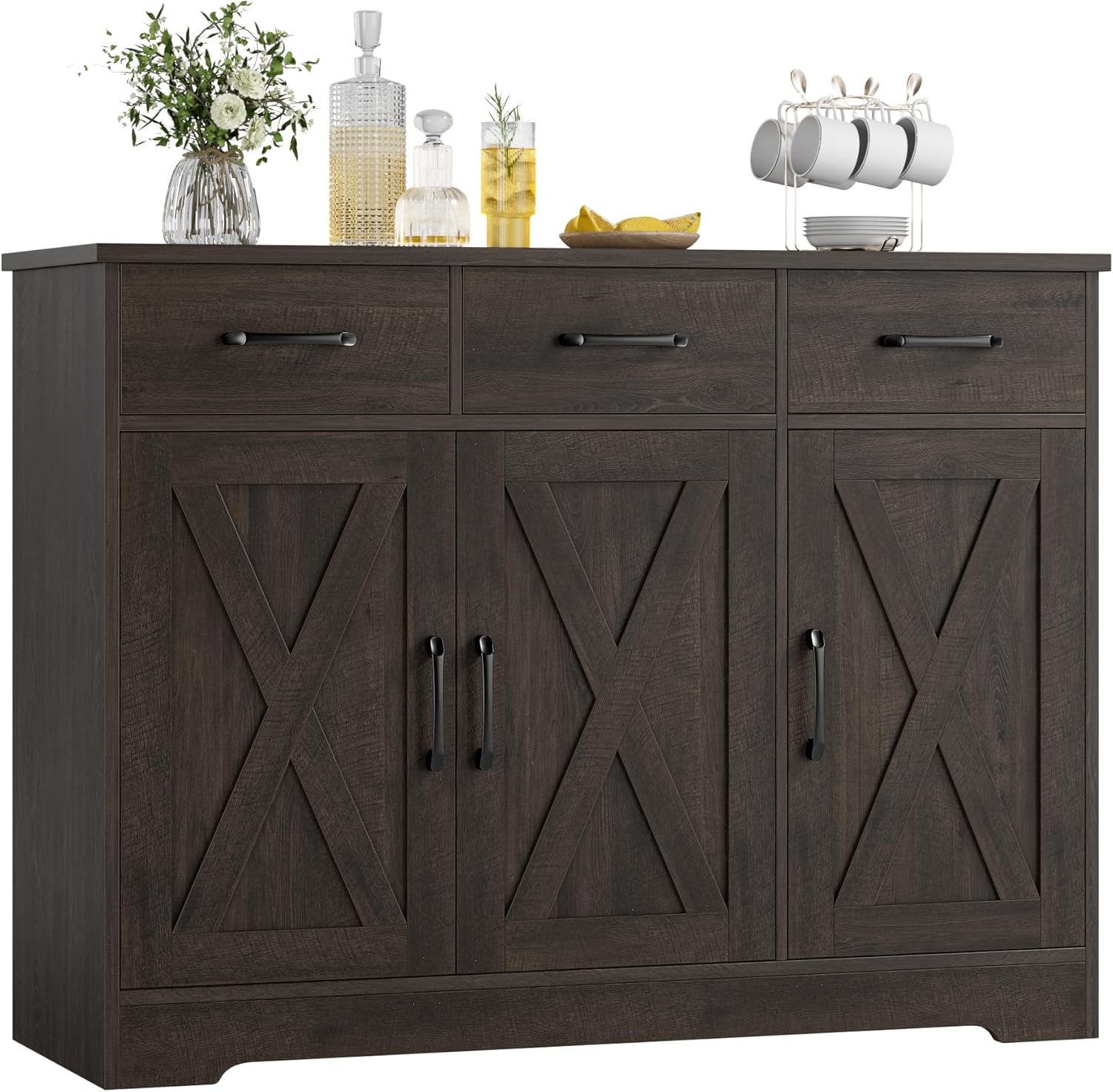 HOSTACK Modern Farmhouse Sideboard Buffet Cabinet Barn Doors Buffet Storage Cabinet with Drawers