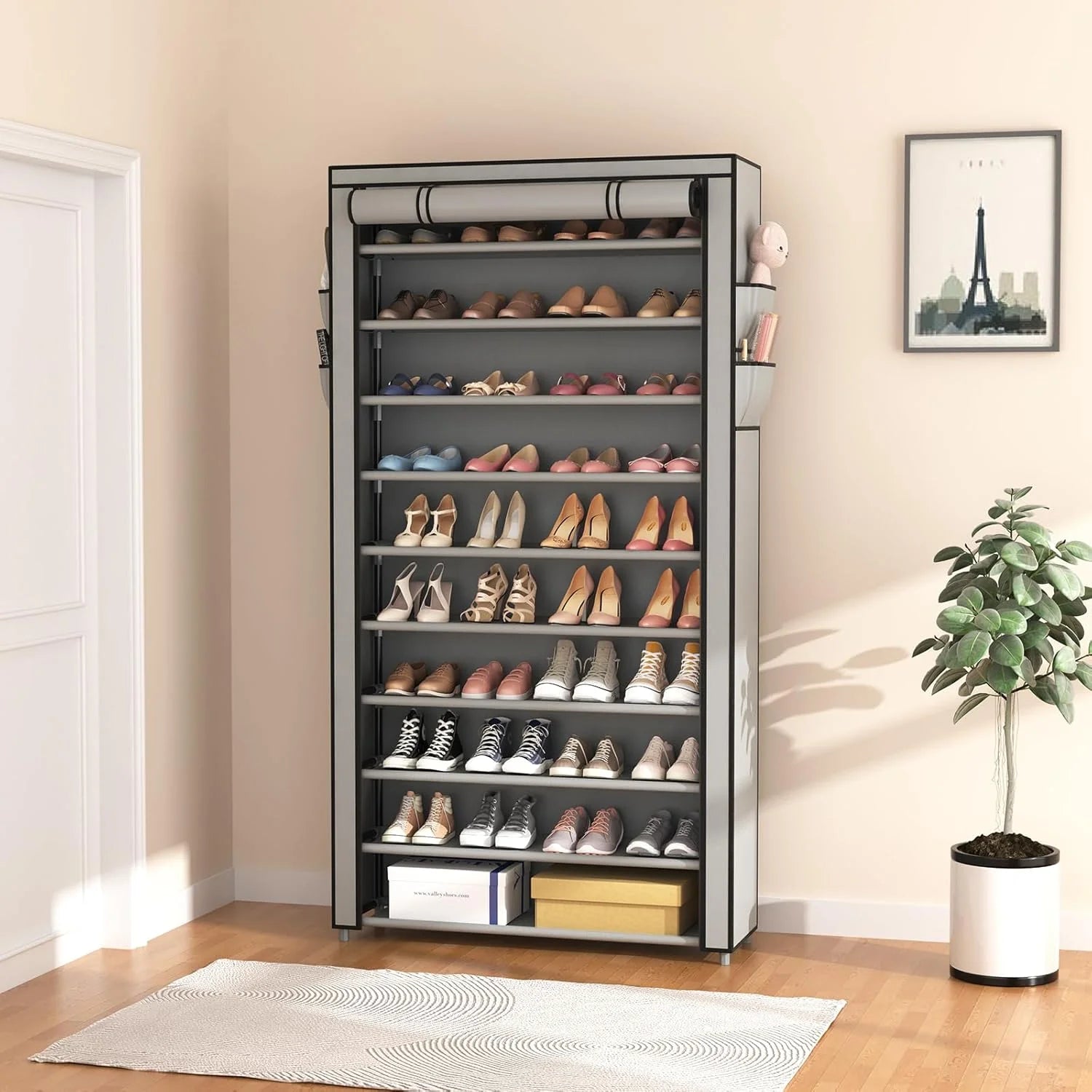 ROJASOP 10 Tier Shoe Rack with Covers Large Capacity Stackable Tall Shoe Shelf Storage