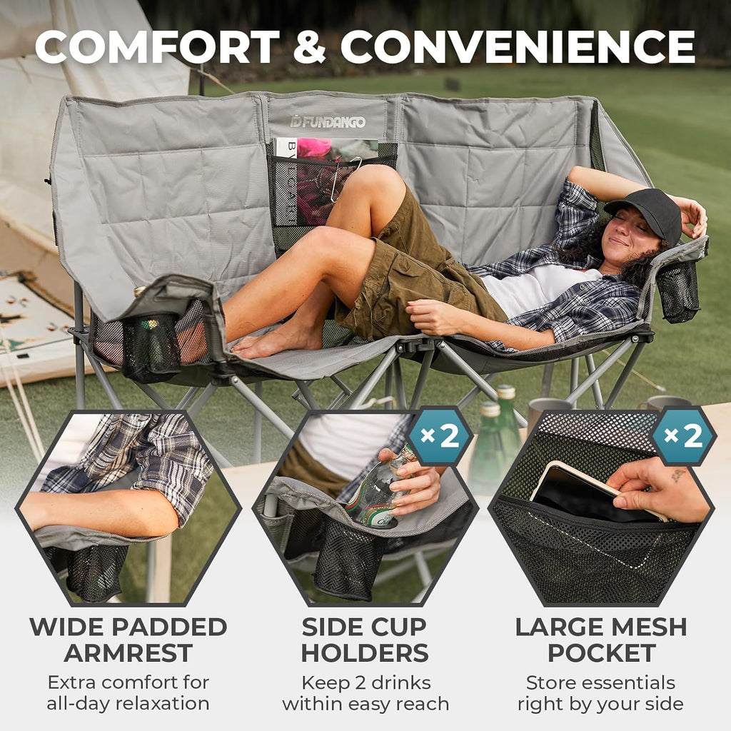 Double Camping Chair Cooler 3-Person Folding Extra Large Camping Chair 1000-Pound Capacity