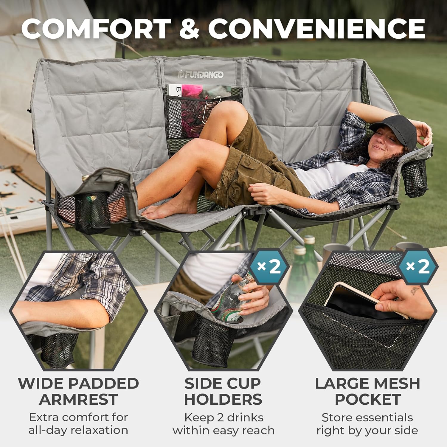 Double Camping Chair Cooler 3-Person Folding Extra Large Camping Chair 1000-Pound Capacity