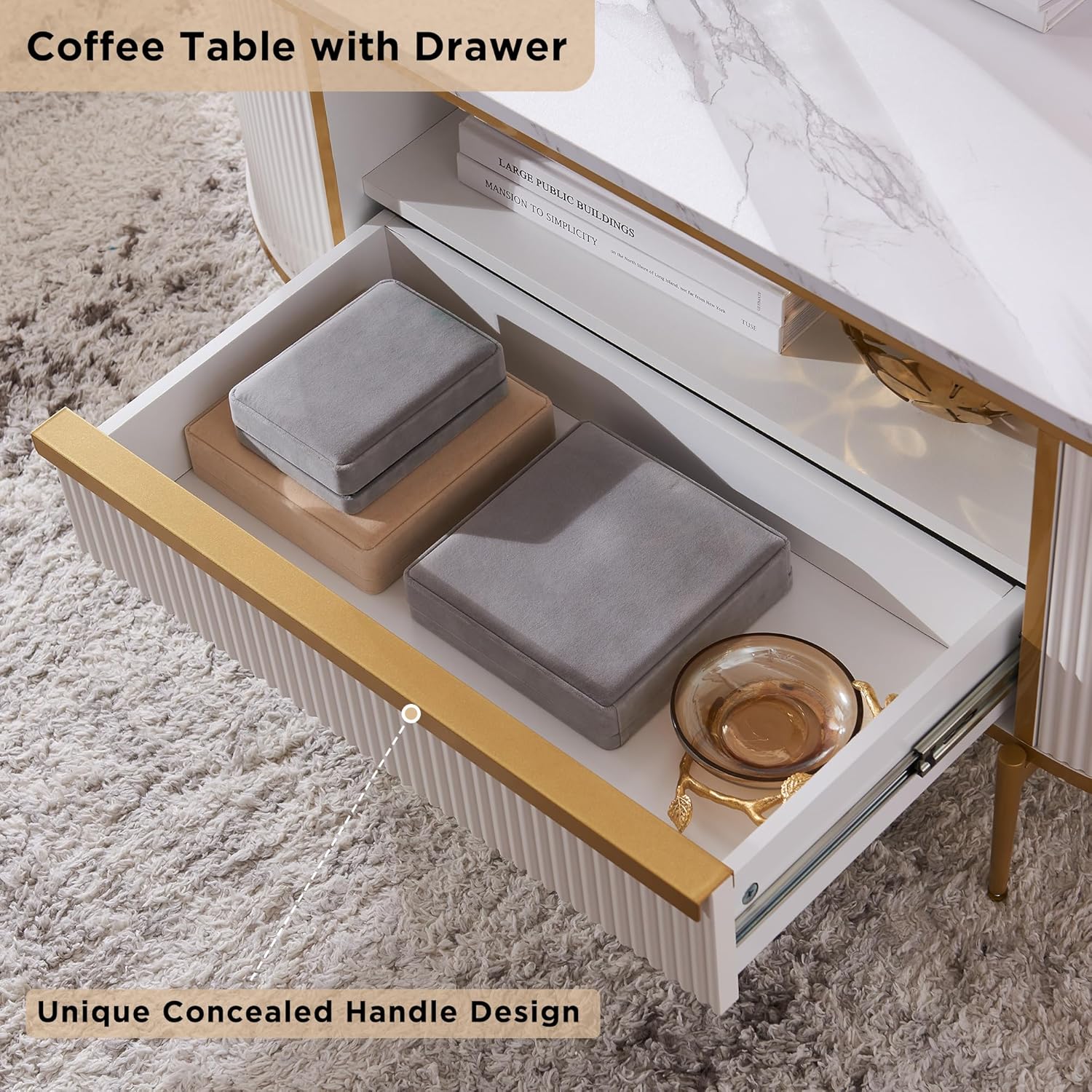 OKD Modern Luxury Grooved Coffee Table, 48 Inch Oval Coffee Table with Drawers, Imitation Marble Top, Curved Contour Design, Gold Metal Trim, Living Room Center Table