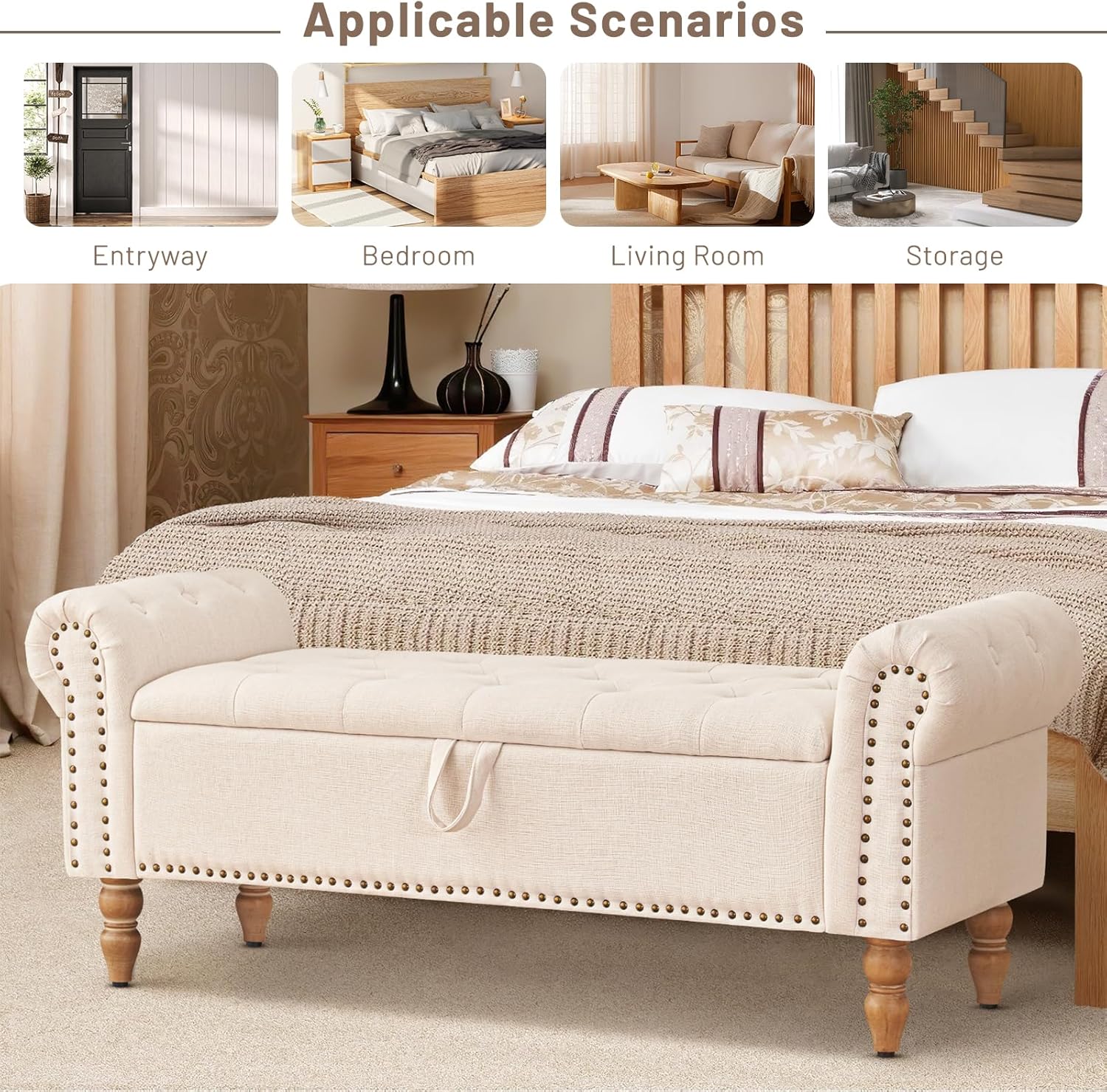 Furniliving Modern Storage Ottoman Bench, Sherpa Ottoman End of Bed Bench with Solid Wood Legs Upholstered Ottoman Benches with Storage Indoor Bench