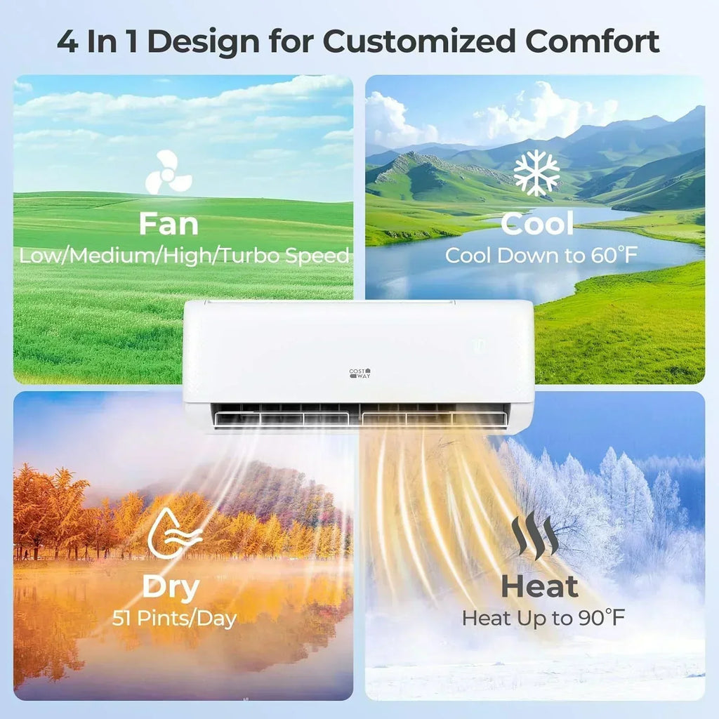 COSTWAY 12000BTU Mini Split Air Conditioner Heater 20 SEER2 115V Wall-Mounted Ductless