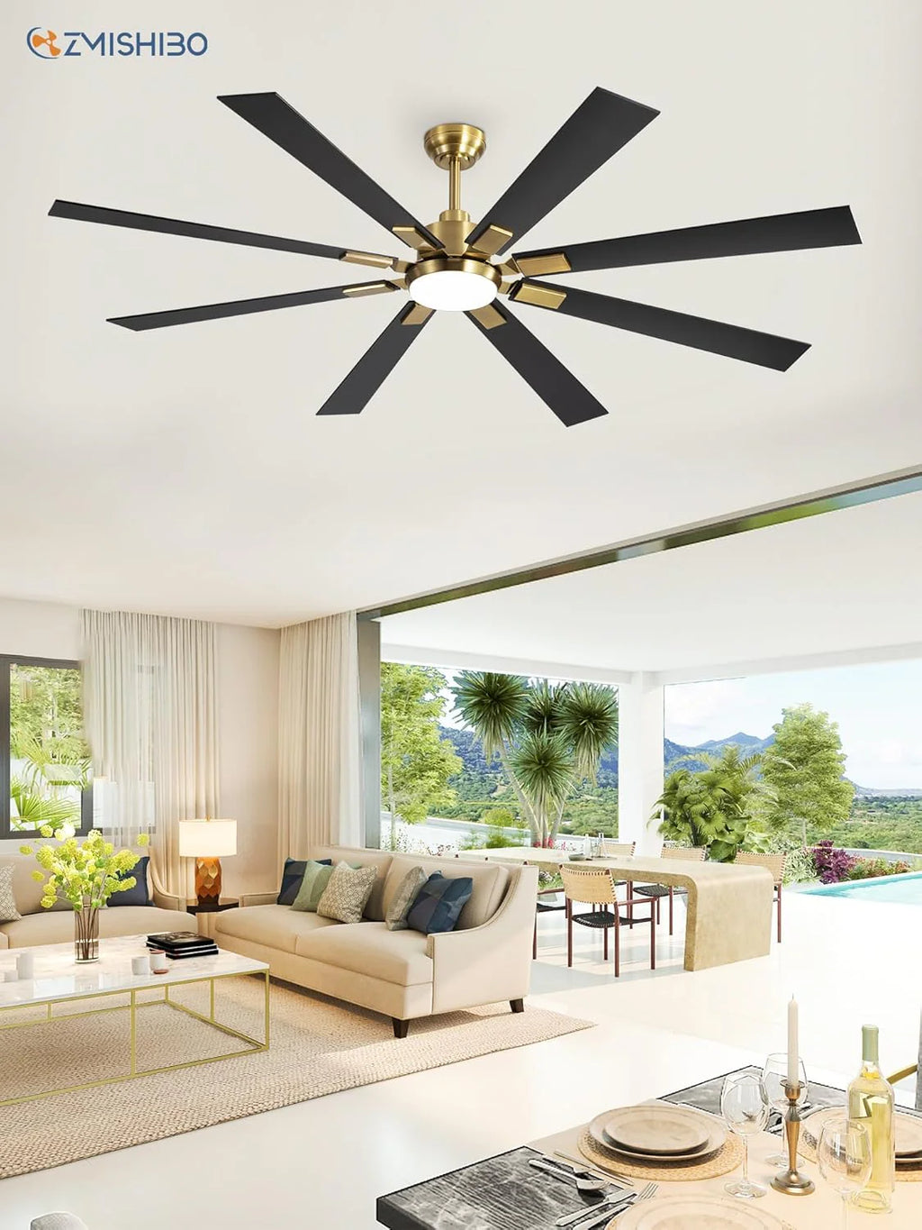 ZMISHIBO 72 inch Large Ceiling Fans with Lights and Remote, Indoor/Outdoor Black Modern Ceiling Fan for Kitchen Living Room Patio, 6 Speed Reversible Quiet DC Motor, 3 CCT, Dual Finish 8 Blades