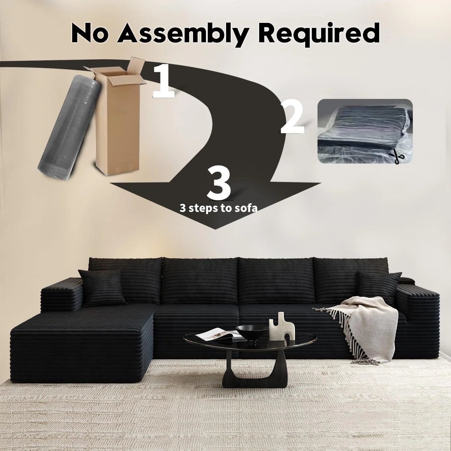 107.5 Cloud Modular Sectional Sofa Couch with L-Shape Chaise,Modern Minimalist Upholstered Couches for Living Room Bedroom,Deep Seat Corner Couch��No Assembly Required (Black,Left Facing Chaise)