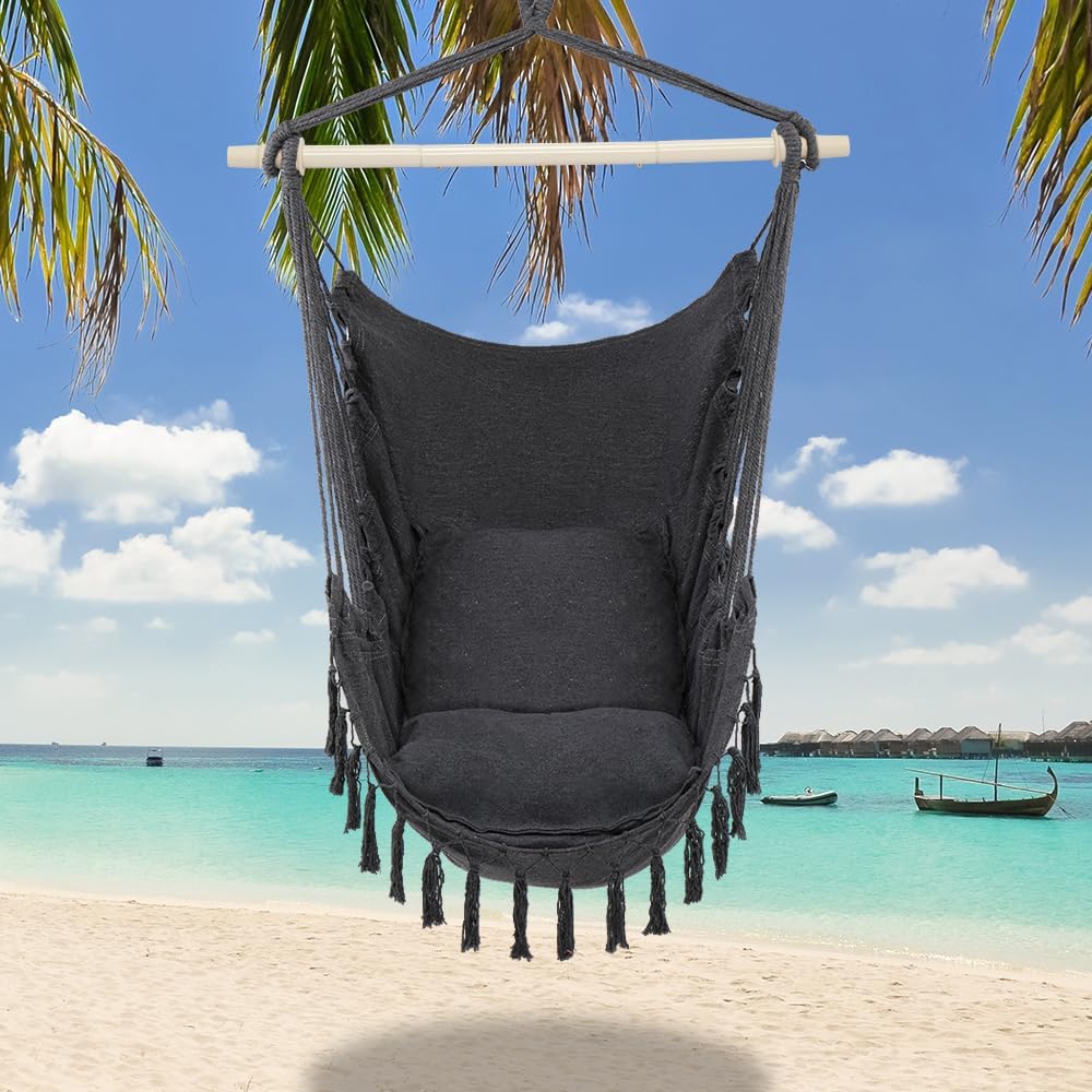 ONCLOUD Hammock Chair Hanging Rope Swing, Load Capacity Up to 550 LBS Macrame Hammock Swing Seat with Two Cushions, Hammock Seats with Portable Steel Spreader Bar for Indoor/Outdoor, Black