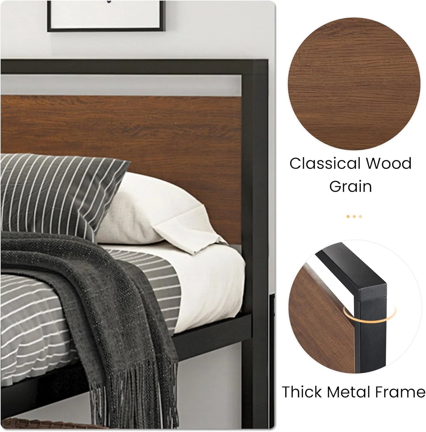 SHA CERLIN 14 Inch Full Size Metal Platform Bed Frame with Wooden Headboard and Footboard