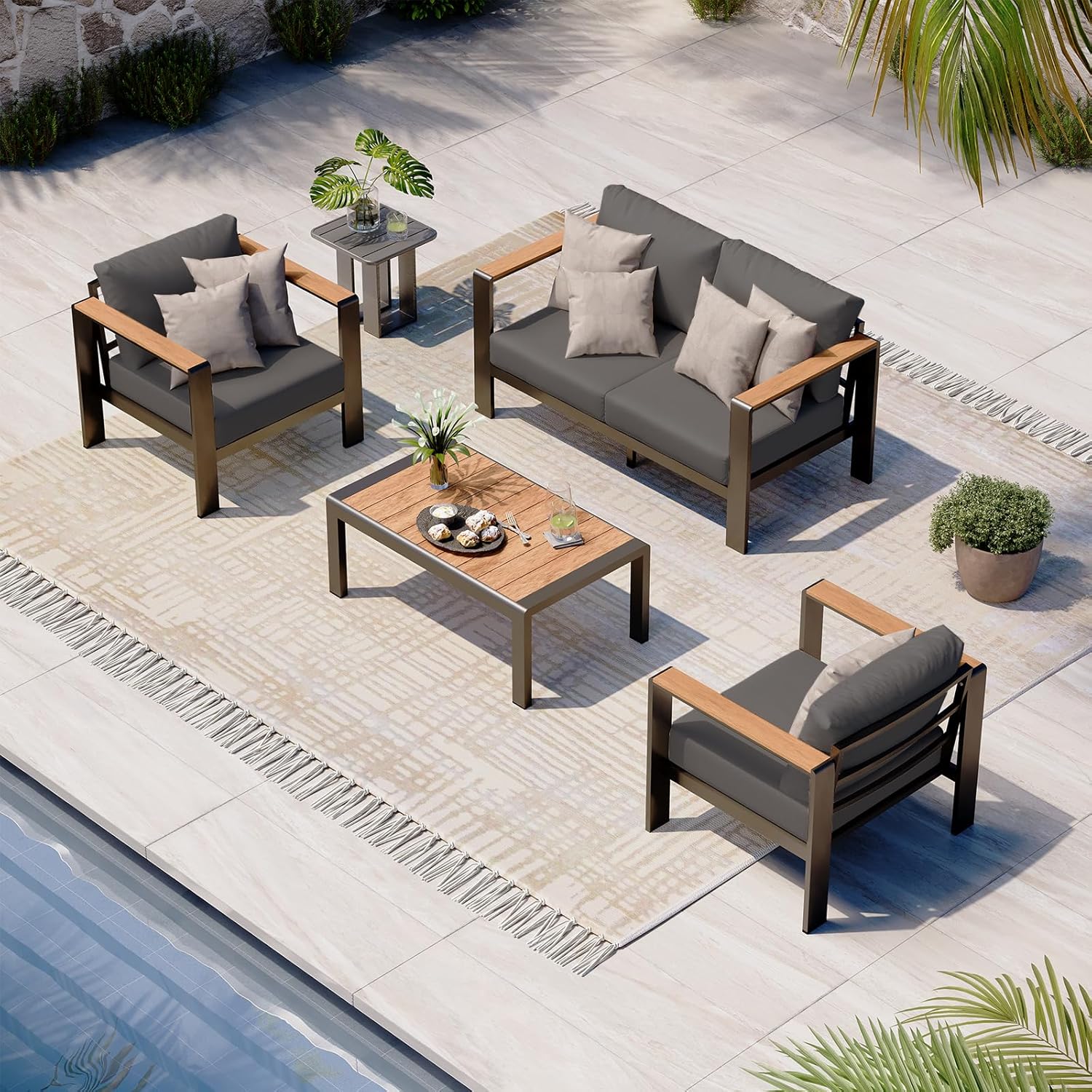 Aluminum Outdoor Patio Furniture Set with Coffee Table, 4 Piece Patio Conversation Sets with Washable Thick Cushions