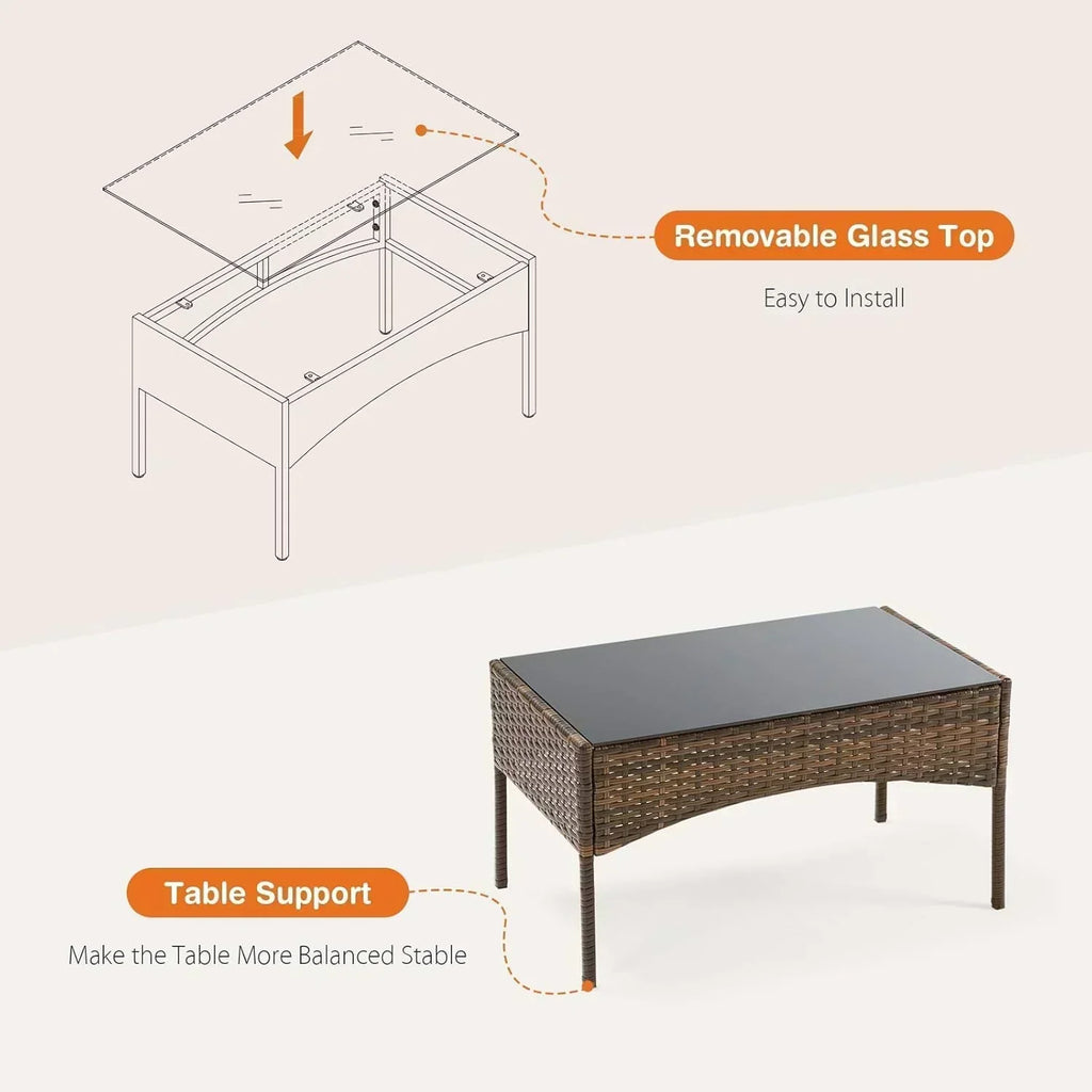 Sweetcripy Patio Furniture Set 3 Pieces Outdoor Furniture with Soft Cushion and Glass Table