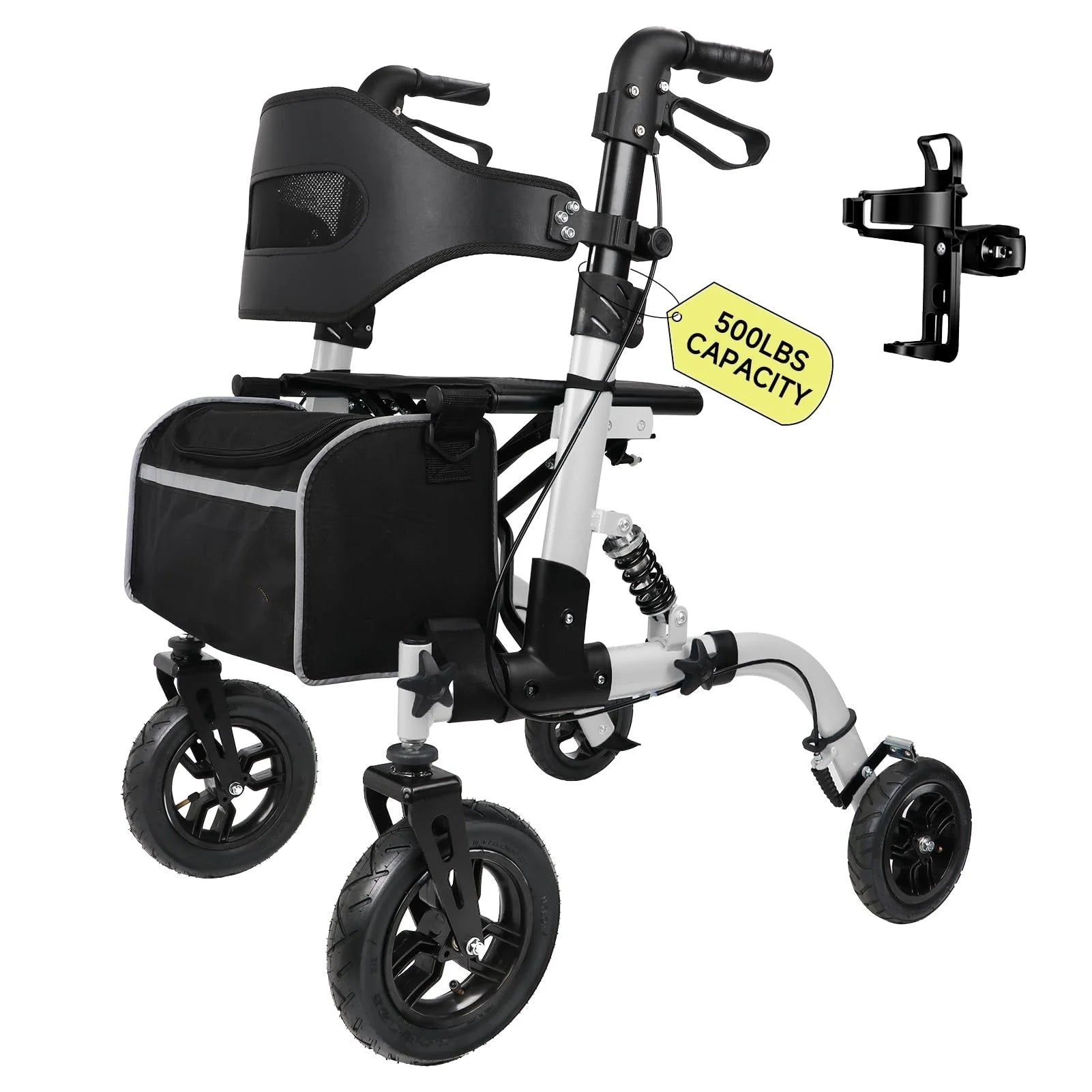 500lbs Walkers for Seniors Foldable, Heavy Duty Tall Walker with Seat, 10 Front Rubber Wheels, Outdoor Rollator All Terrain, Folding Walker, Cup and Cane Holder, Fits Height 5'6 ~ 7'5, Silver