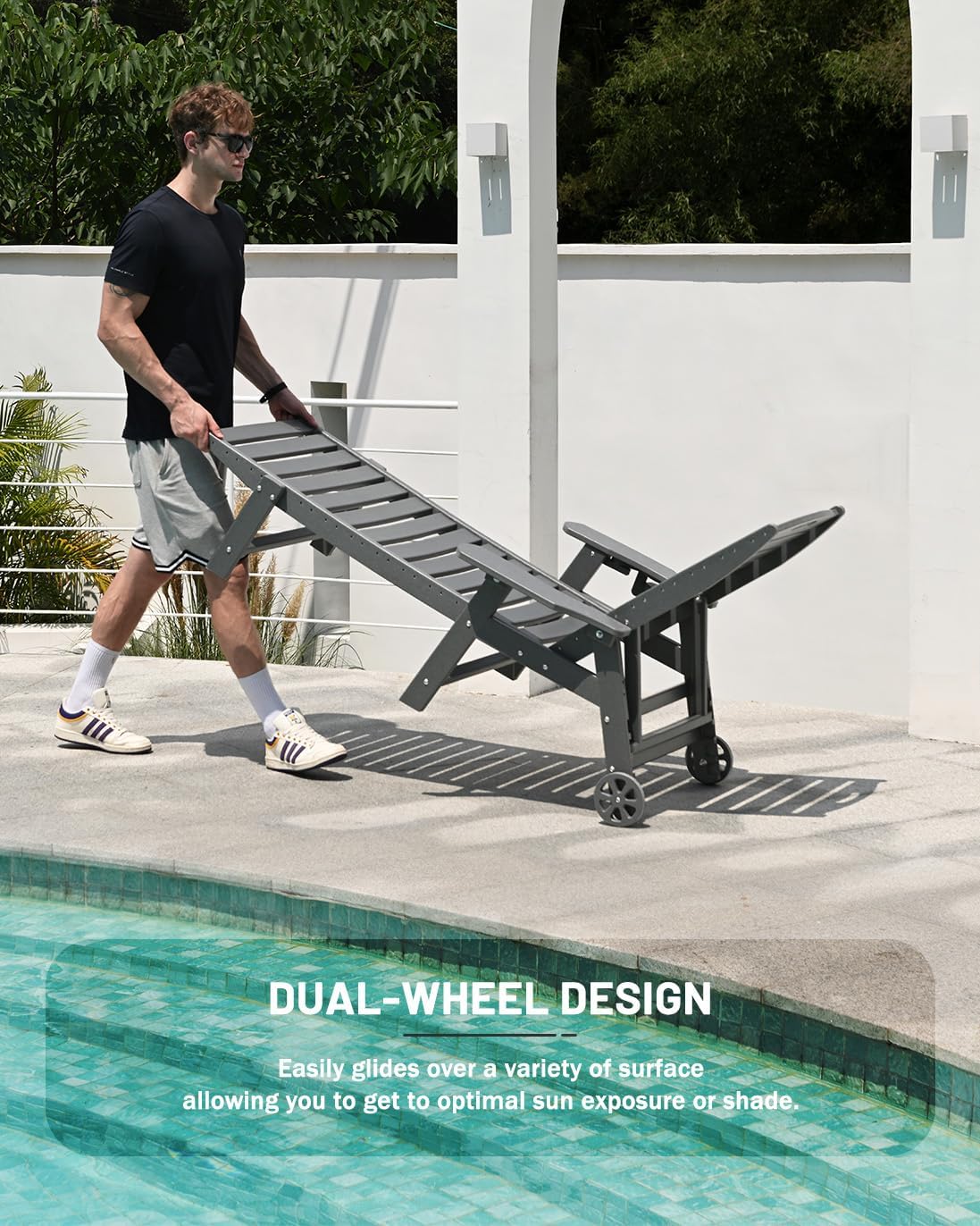 Lounge Chair Outdoor, Chaise Lounge, HDPE 6-Position Outdoor Chaise Lounge, Patio Lounge Chair with Wheels & Cup Holder for Pool Poolside Deck Backyard, Teak