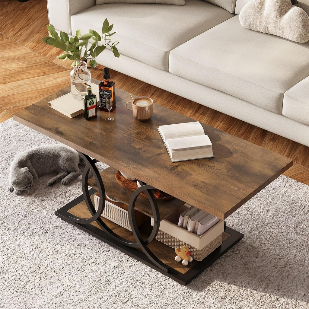 GiftGo Rustic Style Coffee Table Storage Industrial Style Three Tier Centerpiece Living Room Table