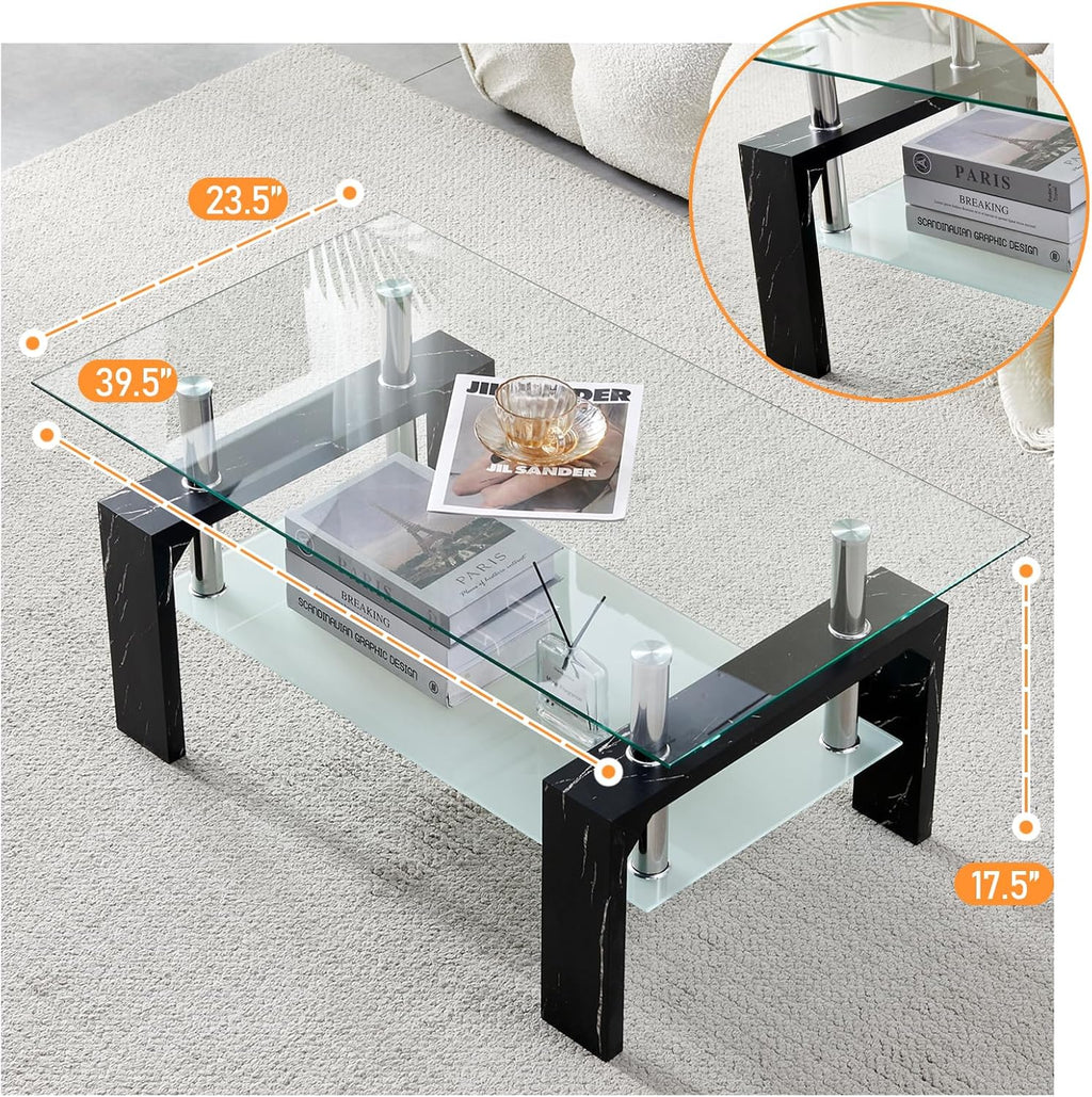 Living Room Rectangle Coffee Table, Tea Table Suitable for Waiting Room, Modern Side Coffee Table with Wooden Leg, Glass Tabletop