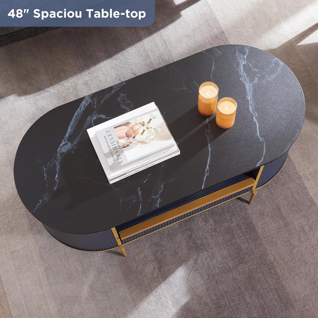 OKD Modern Luxury Grooved Coffee Table, 48 Inch Oval Coffee Table with Drawers, Imitation Marble Top, Curved Contour Design, Gold Metal Trim, Living Room Center Table