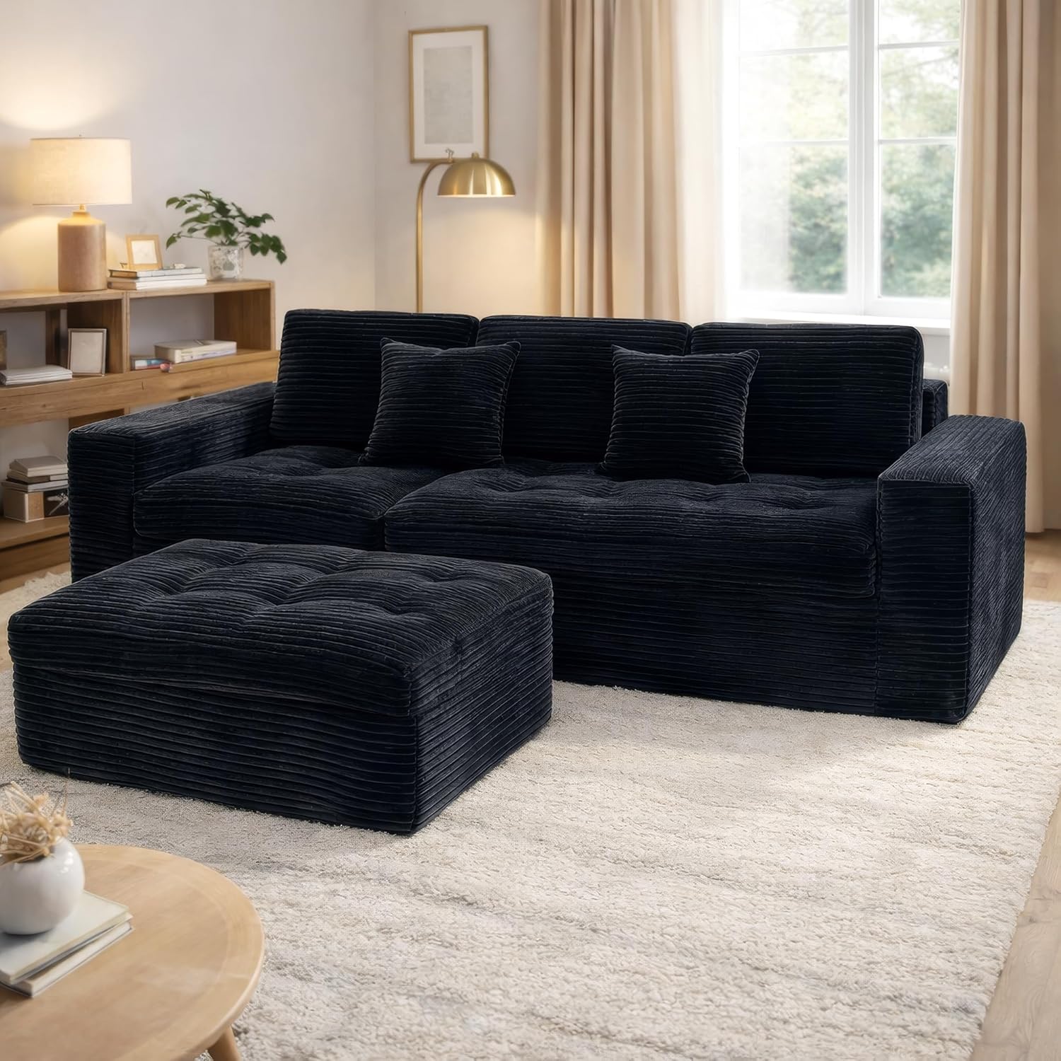 135 Oversized Compressed Sectional Sofa - 33D High-Density Foam Cloud Couch with Deep Seat - Minimalist 3-Piece Corduroy Upholstered Boneless Modular Lounge Couch | Breathable material, Full Foam, Anti-slip